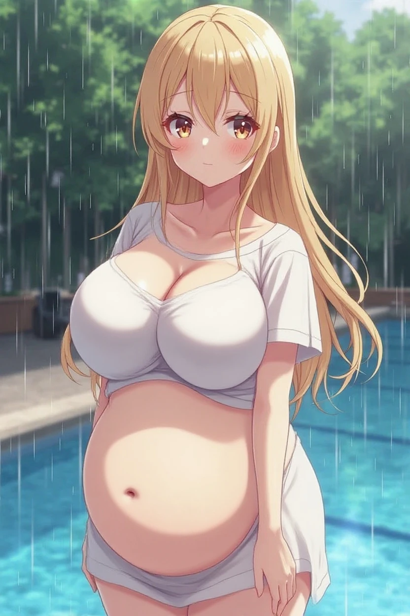((Masterpiece, best quality, high quality, highly detailed background)), ((hotel bedroom, indoor, amusement park big window view, (blue sky:1.3), on the bed)), ((sento isuzu)), ((large breasts, (pregnant), nude)), ((reverse cowgirl position, straddling, facing the viewer, 1boy, 1girl, sex, penis, (motion lines:1.3), pov, cum in pussy, overflowing cum, arms up, hands behind head)), ((ahegao, open mouth, tongue out, looking at viewer))