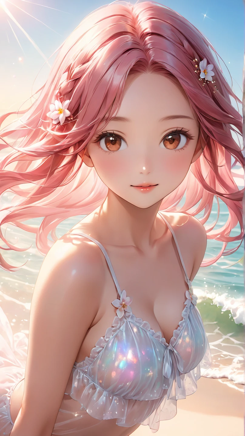 (((Best quality))),(Realistic shadows),(((Very thin lines))),Beautiful,Exquisite,16K,Full HD,Absurd,Beach,((Upper body,Soft expression)),((Smile,Happiness:1.5))Shine,Micro bikini,Curvy,Belly button,Dimples in the skin,Beach,Standing with a graceful smile,Pastel colors,Long pink hair,Straight hair,Green eyes,Long eyelashes,Beautiful eyes,Pale pink cheeks,Bright eyes,Shy smile,Long and slender legs,