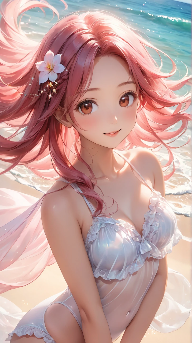 (Masterpiece, BestQuality:1.3), (ultra detailed:1.2), (hyperrealistic:1.3), (RAW photo:1.2), High detail RAW color photo, professional photograph, (Photorealistic:1.4), (realistic:1.4), (Pink Hair:1.5), professional lighting, perfect anatomy, (Big Breasts:1.2), (blush, detailed face), (cheerful Smile:1.5), Trending Hair&Trending Hairカラーをランダムに, earrings, necklace, bracelet, sexly, erotic sexly, Random sexy gravure poses, (Sexy fairy-like beauty in baby blue halter bikini、Smiling while collecting shells on the beach、Silver bracelet、Sitting on sand pose。:1.3)