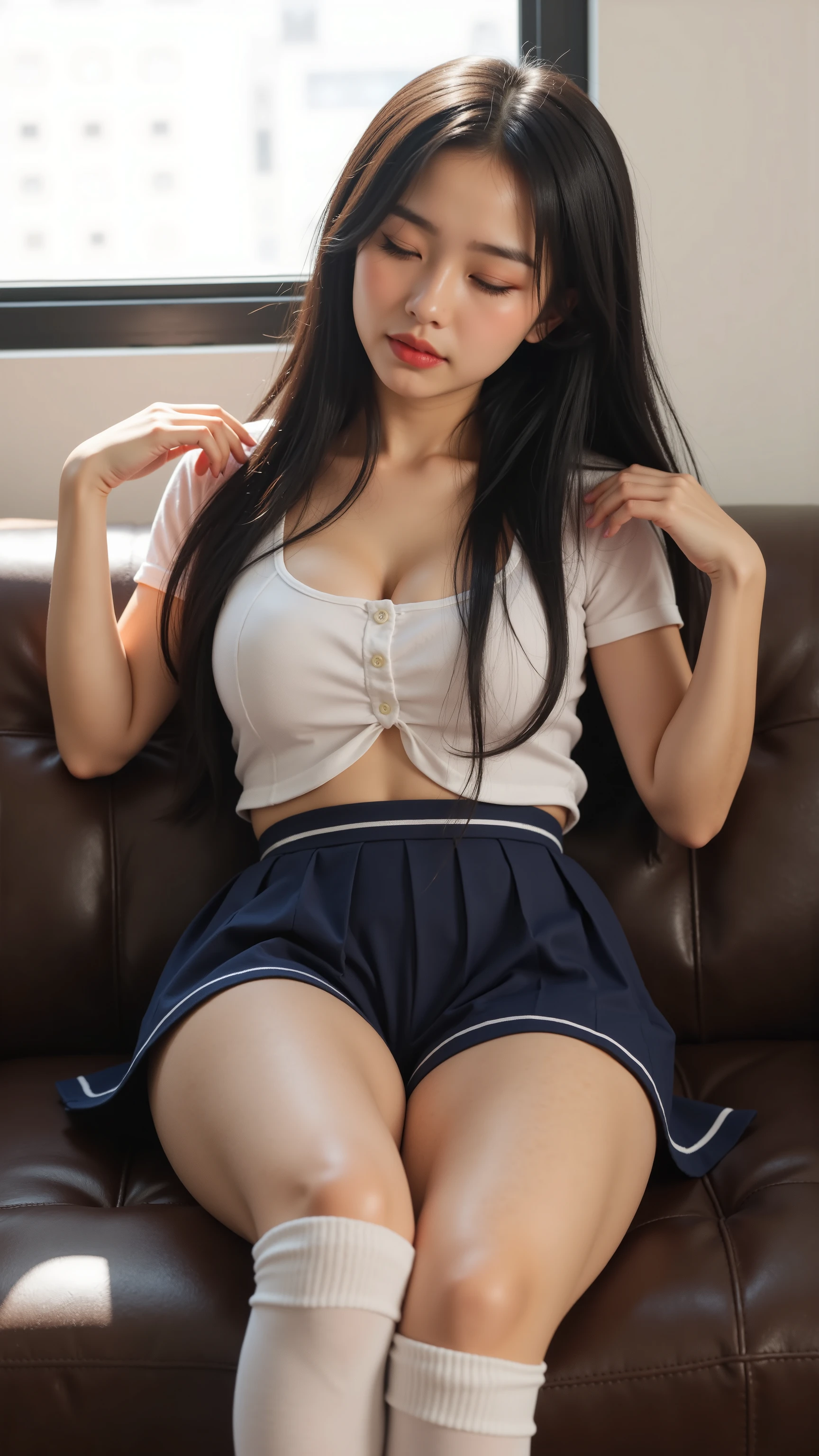 ((Best picture quality, 8K, tmasterpiece:1.3)), 1girll, Beautiful woman with slender abs:1.3, Casual hairstyle, (Off-the-shoulder blouse pleated skirt:1.3),(wet see through clothes:1.4),Ultra-fine face, A detailed eye, 二重まぶた,(long leges:1.4),(athletic sneakers:1.3),Lie on your side on the sofa