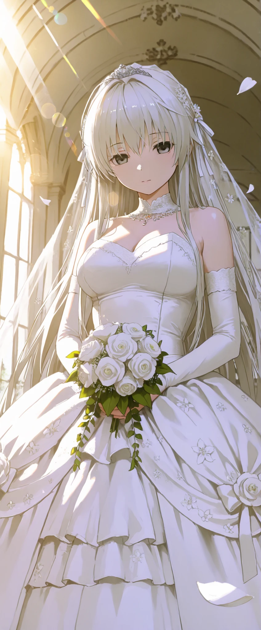 (masterpiece, best quality, beautiful and aesthetic:1.3), Looking at the audience, 1 Girl, Solitary, A faint smile, (cosmetic, Long hair, Light Beige Hair, blue eyes:1.2), Octane Rendering, Wedding Veil, Lace-trimmed dress, transparent, Wedding dress, outdoor, White Rose, garden, morning, permanent, Extremely detailed,