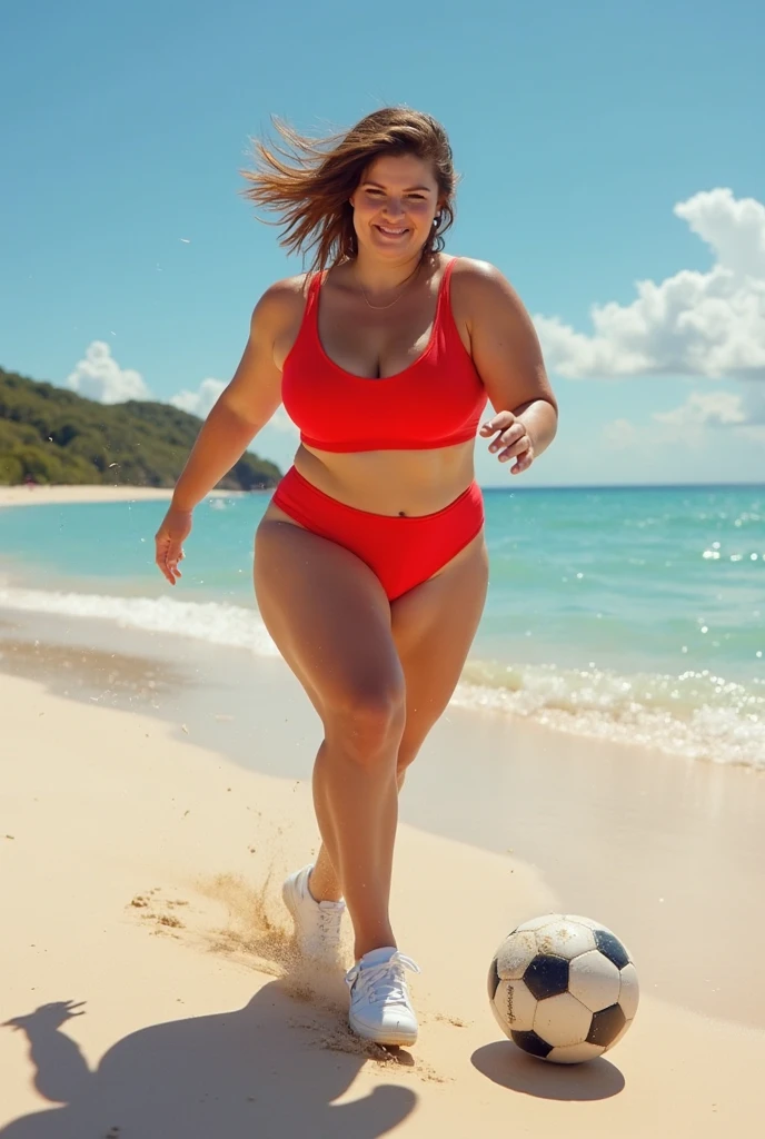 Portait of a fat young woman at the beach screaming. Red bikini
