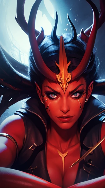 hermosa mujer demonio, armadura bikini, mirada seductora y hermosa alta calidad, queen of pain