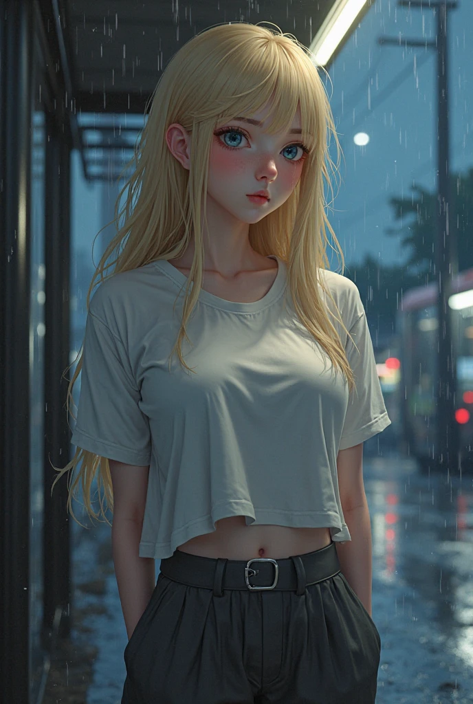 ((Top Quality, 8K, Masterpiece: 1.3)), Sharp Focus: 1.2, Beautiful woman with perfect body: 1.4, Slender abdomen: 1.2, ((Layered hairstyle, big breasts: 1.2)), (No bra) (Small and beautiful hard (thin and damp buttons up to shirt length: 1.1), (rain-soaked white shirt), (Rain, distance: 1.2), wet body: 1.1, very delicate face and skin texture, detailed eyes, double eyelids, tanned skin, sexy, tan, real skin,  Real eyebrows, blue eyeballs.  -upscale - --auto --s2
