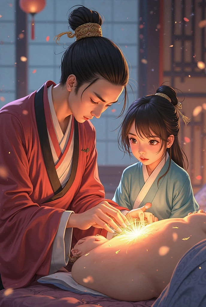tmasterpiece,best qualtiy,Two couple side lights,lens flare glow,Ray traching,Sharp focus,Wearing Hanfu,One of the beautiful men held his pregnant wife's hand