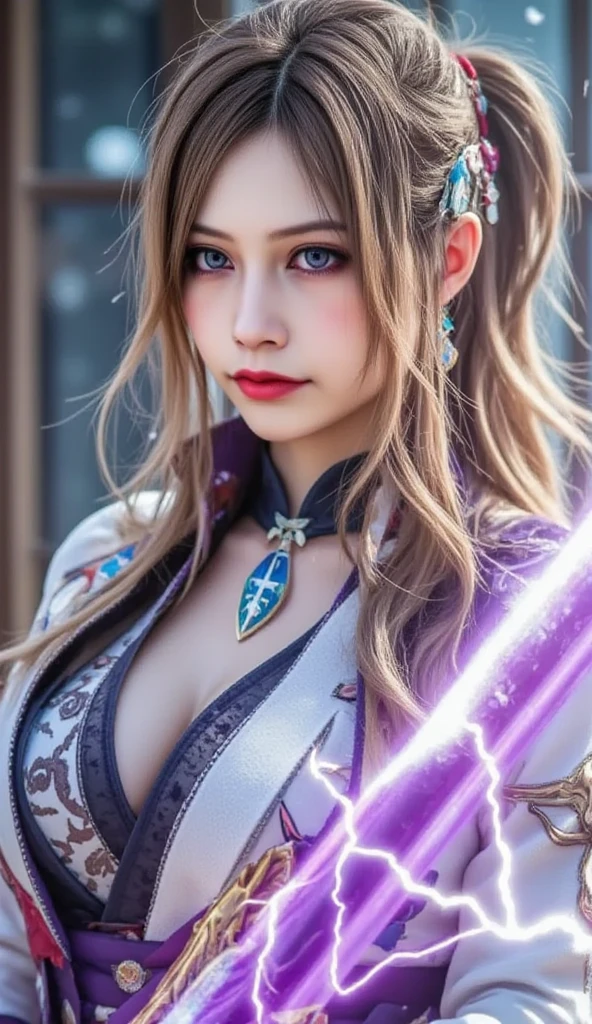 a beautiful woman with large breasts, elegant expression, flowing hair, intricately detailed facial features, (best quality,4k,8k,highres,masterpiece:1.2),ultra-detailed,(realistic,photorealistic,photo-realistic:1.37),highly detailed 3D render, extremely detailed skin and eyes, soft lighting, warm color palette, cinematic composition, elegant dress, graceful pose, super big breasts