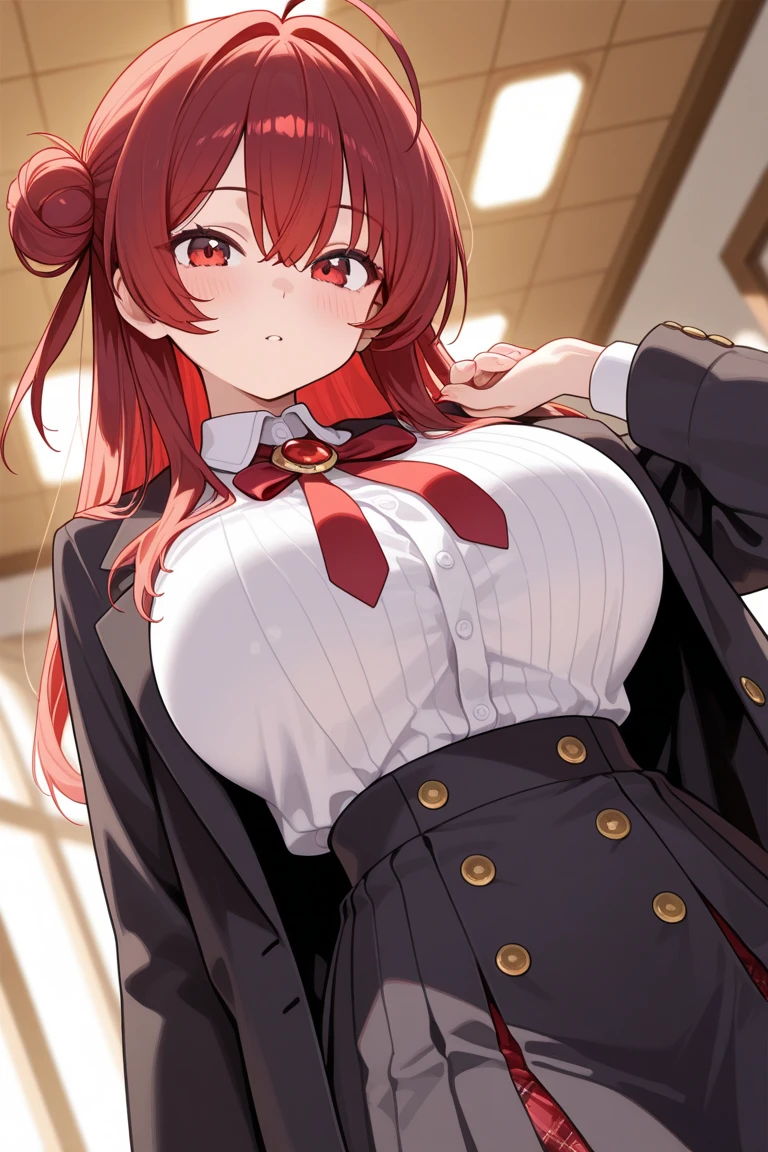 masterpiece、Highest quality、Best image quality、High resolution、Big Breasts、Red hair、Red Eyes、Twin tails、Black Uniform、Unbranded uniform