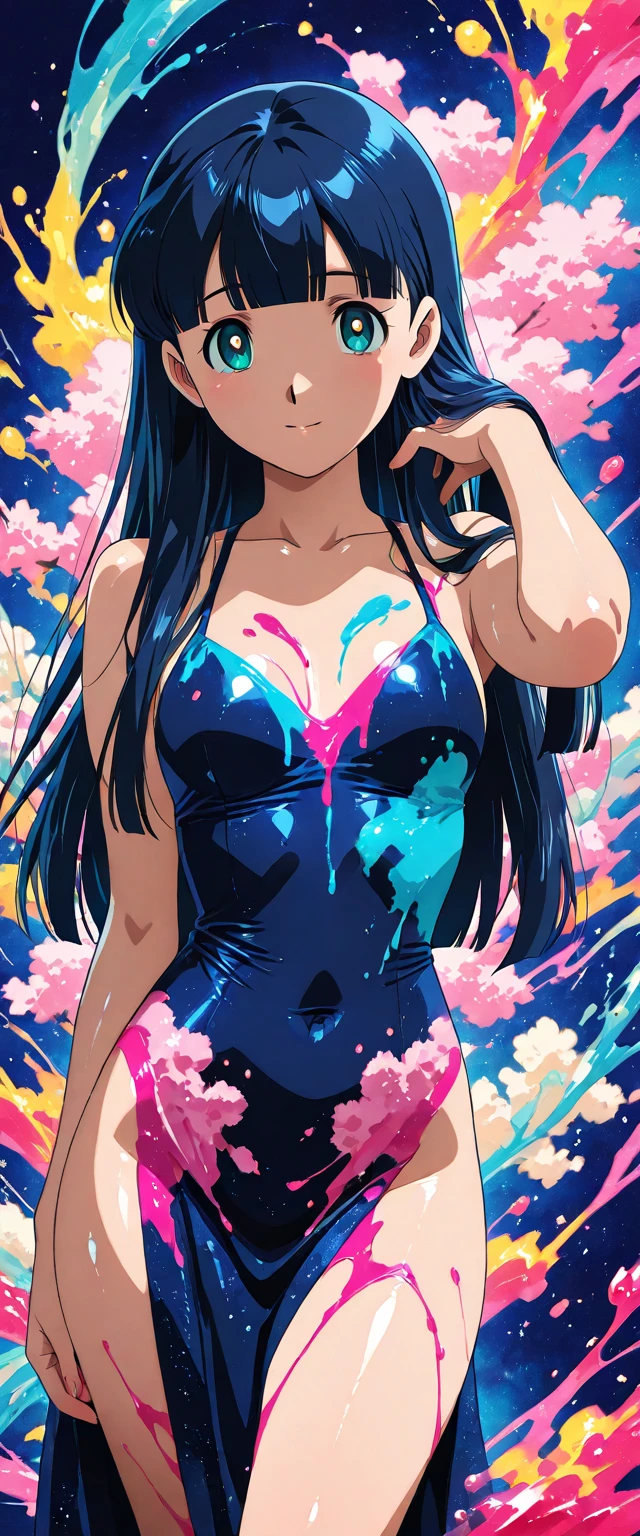 "1 girl, artistically messy, completely covered in vibrant paint."