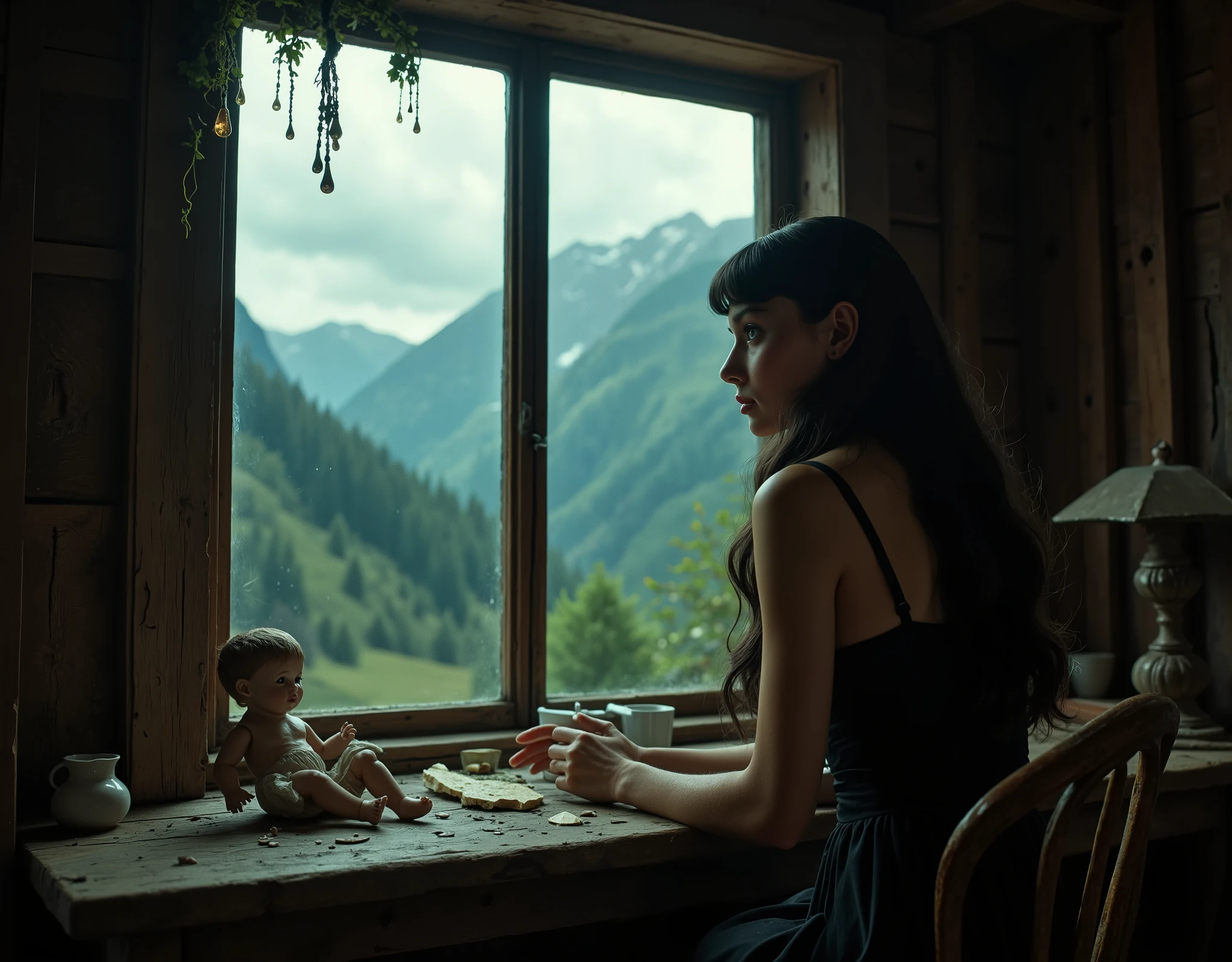 a woman who looks like Audrey Hepburn, she has long black hair and is wearing dark clothes, her skin is white and pale, she is skinny and delicate looking, in an old cabin in the Swiss mountains, looking sadly out the window at the forest and mountains on the wooden table is a shattered and cracked porcelain doll, the large type made in Eastern Europe, volumetric lighting, classic horror comic aesthetic, muted colors, high-contrast, sepia tones, chiaroscuro lighting, grainy texture, low-key lighting, deep shadows, retro mise-en-scène, noir palette, Giallo vibrancy, smoky ambiance, cinematic composition, detailed, intricate, medium contrast, murky red and green back lighting, volumetric lighting, Frazetta, James Bama, Jim Steranko, Bernie Wrightson, lurid and vivid, NSFW, perfect anatomy, masterpiece, HD, 8x, "anatomically correct human" "realistic proportions" "natural human pose" "full figure, accurate anatomy" "correct fingers and joints" 1970s Giallo cinema, moody lighting, chiaroscuro, Italian pulp comic color palette, saturated reds and greens, film grain, foggy lens, dramatic shadows, unnatural angles, the edges of image are old and torn and stained,