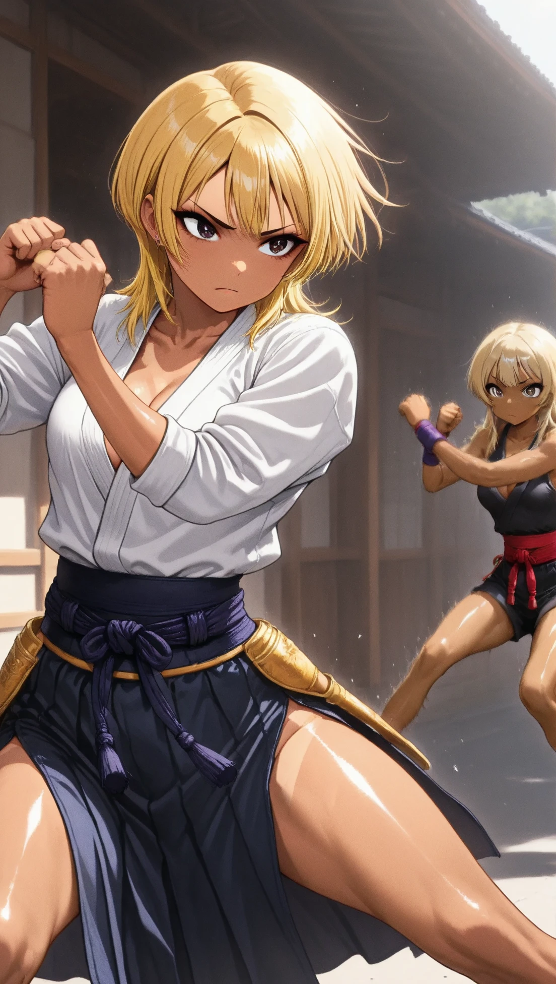 ((gigantic breasts))),((vulgarity)) ((large areolae)) (1girl), ((see-through dress))) ((vulgarity)) (in heat) (sweat) (masterpiece) (high resolution)) (gigantic breasts)), masterpiece, best quality, ultra-detailed, (1girl), (((gigantic breasts))),(((vulgarity))(((large areolae)))(1girl), (((((tanned skin))))) (((Huge breasts)))ultra-detailed),(((Huge breasts)))(curvy)(8k, RAW photo, best quality, masterpiece:1.2), (realistic, photo-realistic:1.37), natural, (symmetrical clear eyes:1.3), ultra high res, super detail, Ultra Detailed, Detailed Skin, Sharp Focus, bokeh, shiny hair, shiny skin, (finely detailed face:1.2), cinematic light BREAK 1 girl, japanese, (((15 yo:1.6, kawaii, cute, young, baby face))), detailed eyes, facial lighting, young girl, beautiful girl, ((chiseled face)), moon face, smooth skin, no makeup, glowing eyes BREAK ((noriko fukuda, blonde hair, short hair, dougi, sleeveless, martial arts belt, gloves):1.3), (medium breasts:1.4), (cowboy shot:1.4), (looking at viewer:1.2), (embarrassed smile:1.5), ((Karate dojo, tatami, window):1.4), (perfect anatomy:1.2) BREAK (fighting stance:1.5), BREAK