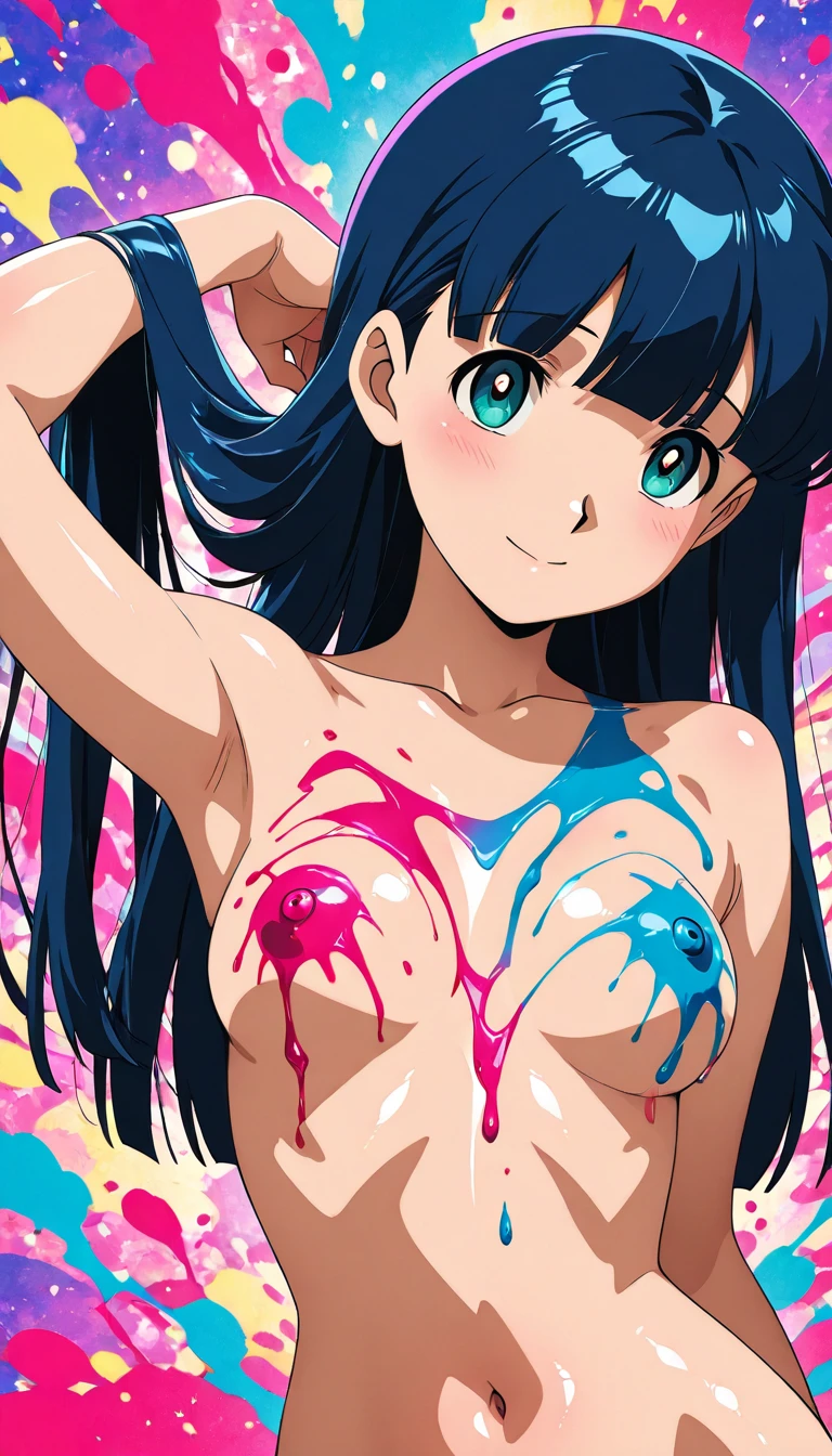 (masutepiece, Best Quality, High resolution:1.5, anime colours, megami magazine:1.2, anime poster style, anime keyvisual, sharp, 8k, photorealistic), (beautiful detailed eyes:1.5, beautiful detailed face:1.2), madoka ayukawa, 1girl, blush, (black hair, Long Hair), (sagging large breasts), (nude, nipples), (cowboy shot), (Perfect detailed Anatomy, beautiful detailed hair, beautiful detailed body:1.2, shiny skin), (thick outline, Beautiful outlines, black outlines), simple background