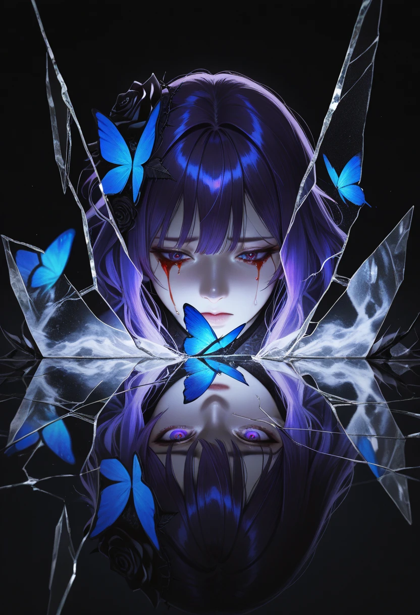 masterpiece, best quality, vibrant, very aesthetic, high contrast, semrealistic, newest,
1girl, purple hair, purple eyes, hair ornament,electricity, abstract, breaking, shattered, glass, broken glass, monochrome, spot color, blue and black theme, dark, sad, gothic, black rose, thistles and thorns, flora, black and thick liquid, fog, blue butterfly, underlighting, strong visual impact, film lighting, (different reflection, reflection, glass shards:1.2), An ethereal sketch using lineart techniques and wet on wet painting, shatter across face, blood from eyes, tomoe \(symbol\),detailed, time paradox, multiple views, black background, photo \(medium\), simple background, blue hair, kimono,