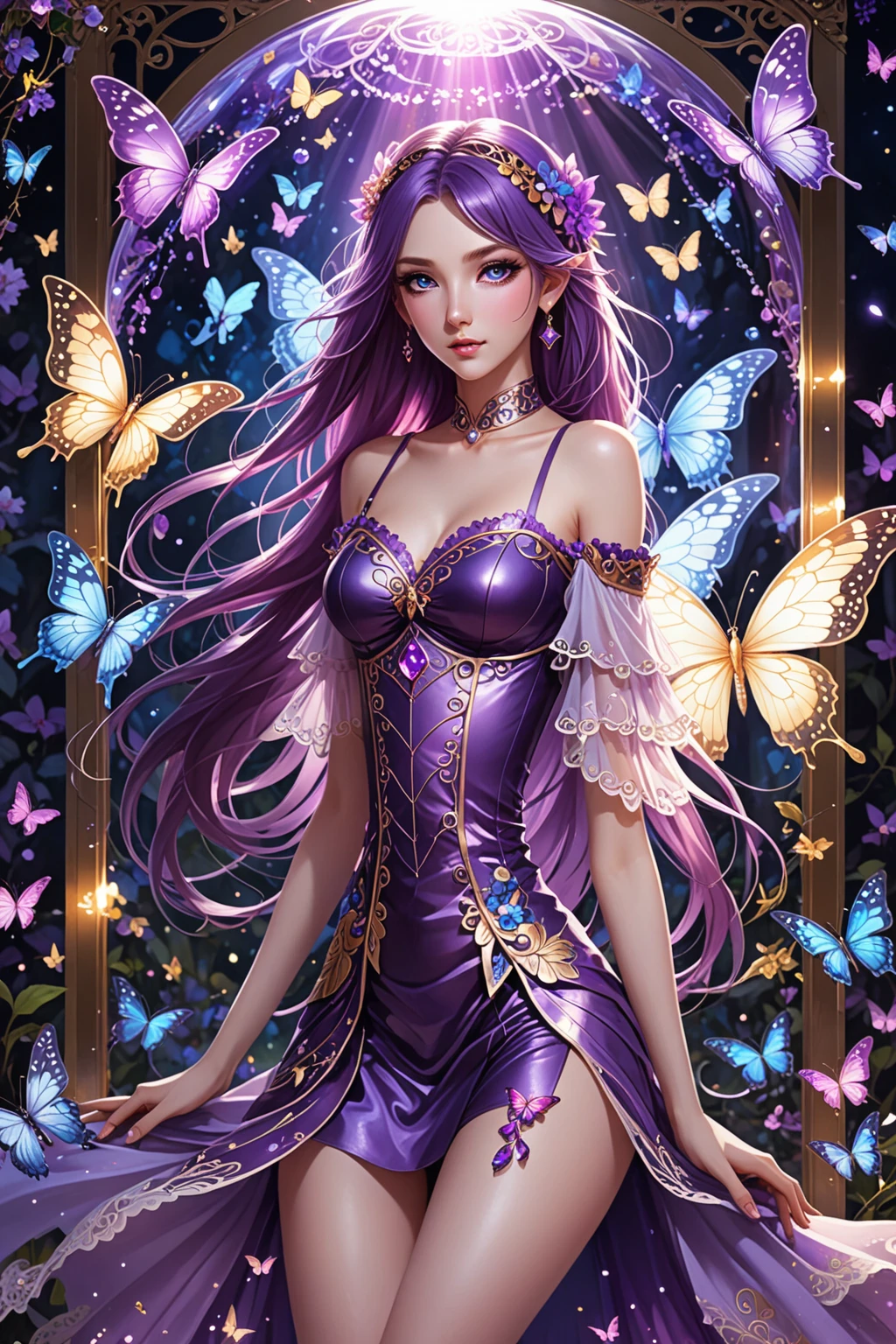 (masterpiece), best quality, an otherworldly, fantastical depiction of "Queen Mab", the queen of the fairies, floating in mid-air, surrounded by a vibrant, ethereal background. Her hair in a disarray of multitude colors, her dress shimmering with a metallic iridescence, her face with a mischievous, knowing expression. The landscape around her is awash in splashes of vivid, bright colors contrasted against deep shadows and supernatural glows.