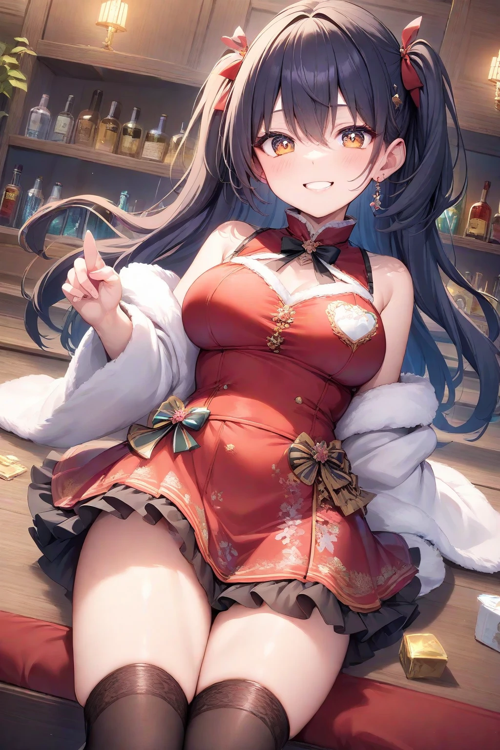 Very narrow alleys in Chinatown、Busy and crowded、A beautiful girl with her hair tied in braids、Wearing a Chinese dress with a slit that shows off her legs、good style、Shyly showing teeth and smiling、big breasts、Long legs、Natural and active pose、((Squatting down to pet the puppy))