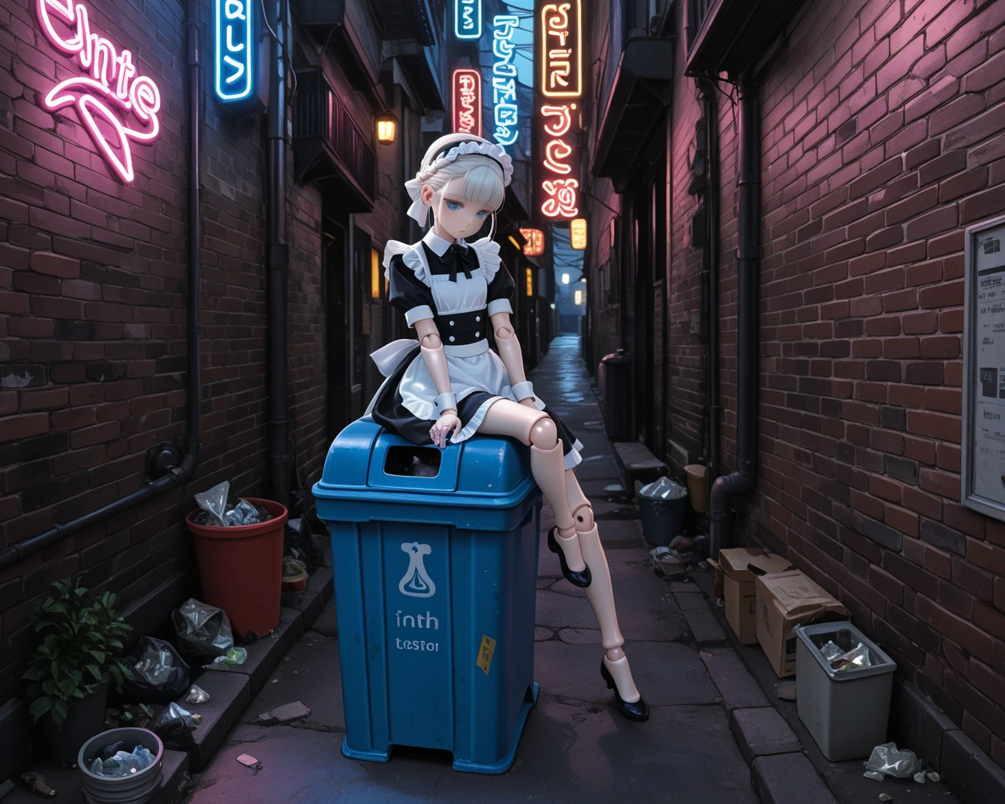 8k, ray tracing, vibrant colors, (1girl, solo), (aafranziska, light blue hair:1.5), black ascot, puffy sleeves, black pencil skirt, pantyhose, black gloves, jewelry, earrings, slim figure, masterpiece, sharp focus, Best Quality, depth of field, cinematic lighting, very detailed clothes, (used condoms, condom belt, used condom belt, condom hair ornament:1.6), abs, ((so embarrassed, blush)), elbow gloves, Perfect eyes, perfect hair, (standing in alleyway, garbage, dumpster, dump:1.4), Rich in details and textures, masterpiece, Best Quality, beautiful girl, Sun light, chiaroscuro, (perfect hands:0.7, Clean hands:0.7), ((((Professional photography)))), ((Dream)), Whole body