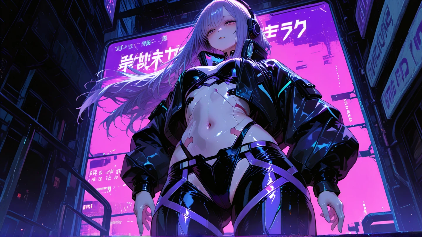 最high quality、Best image quality、masterpiece、girl((18-year-old、 By becoming、Best Bust、Medium Bust,Wide open breast tea、Red glowing eyes,Silver Hair、Disheveled Hair、Long Hair、thin,The highest valley、Open chest、Luminous Wristbands、hat、hair ornaments、luminous necklace、Black sleeveless hoodie(1:2)、Blue short skirt、Disheveled clothing、Show the whole body,Low - Angle、Hacker-like、sweating、lure、Black cute mask、Leaning against a wall、Black scarf、Have a smartphone、Back view、Accentuate your butt、On all fours)),high quality、Beautiful art、background((Neon Light、Neon interior at night))、Flight、Flying debris、Written boundary depth、movie、Visual Arts、Perfect art、8K,Genuine、