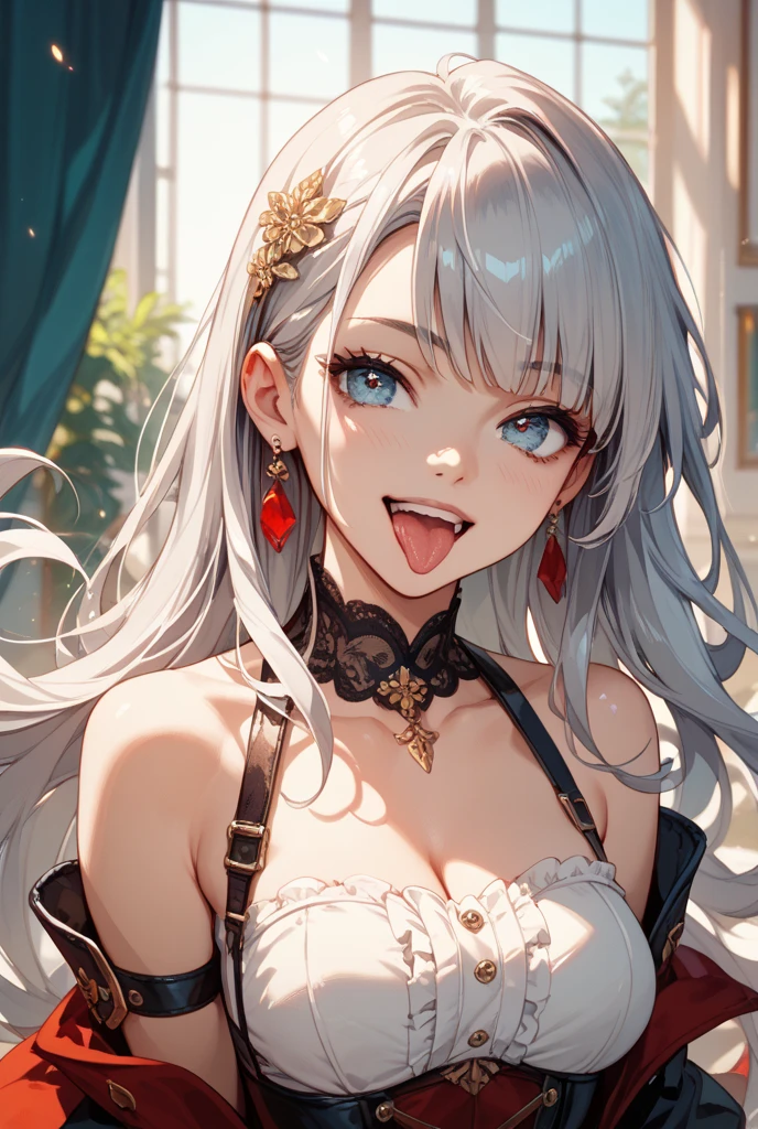 Silver hair, pink eyes, older woman, pink red and gold clothes, hair ornament, cat ears, necklace, long hair, smiling face, upper body