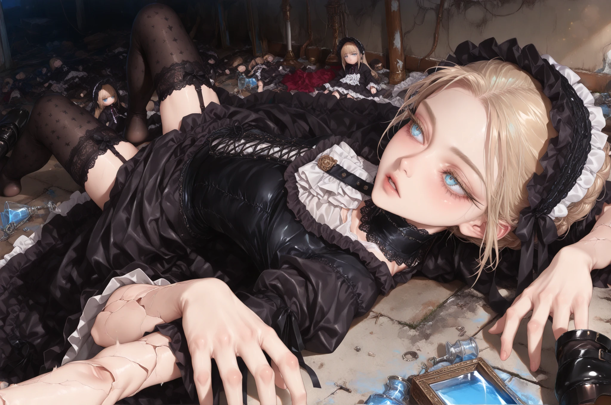 (soft lighting, natural light, simple background, random background, blurred background, bokeh background, dynamic angle, rating_explicit, perfect hand according to , slim body beauty,  young girl, detailed face and eyes), 

(1 Female, solo, Abandoned doll lying on the floor of an abandoned house. Head tilted, limbs spread, wearing antique gothic dress, headdress, stockings, one shoe. Sex doll, blonde hair, twist updo, blue glass eyes, long eyelashes, staring into the distance, parted lips:1.3), 