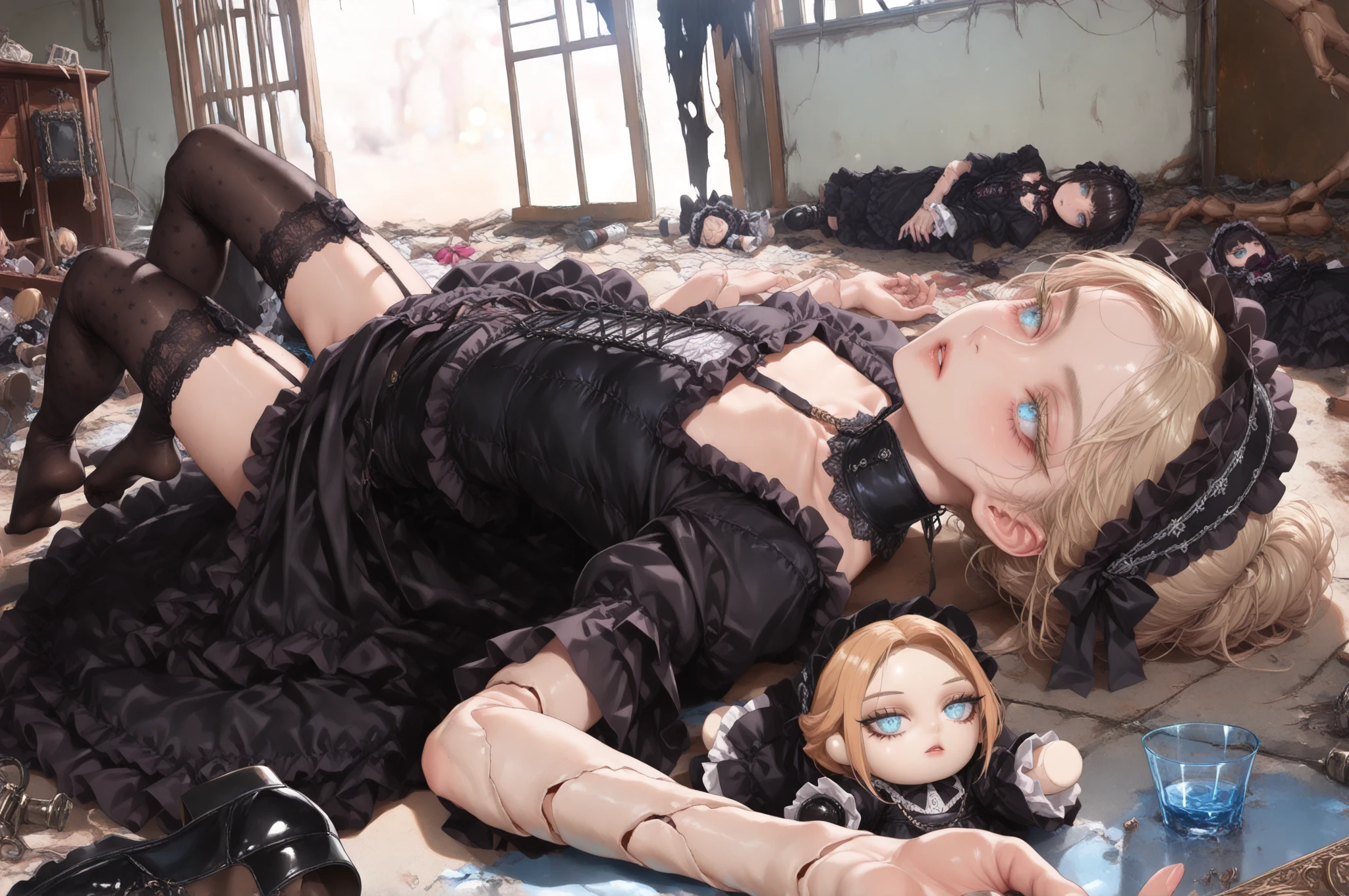 (soft lighting, natural light, simple background, random background, blurred background, bokeh background, dynamic angle, rating_explicit, perfect hand according to , slim body beauty,  young girl, detailed face and eyes), 

(1 Female, solo, Abandoned doll lying on the floor of an abandoned house. Head tilted, limbs spread, wearing antique gothic dress, headdress, stockings, one shoe. Sex doll, blonde hair, twist updo, blue glass eyes, long eyelashes, staring into the distance, parted lips:1.3), 