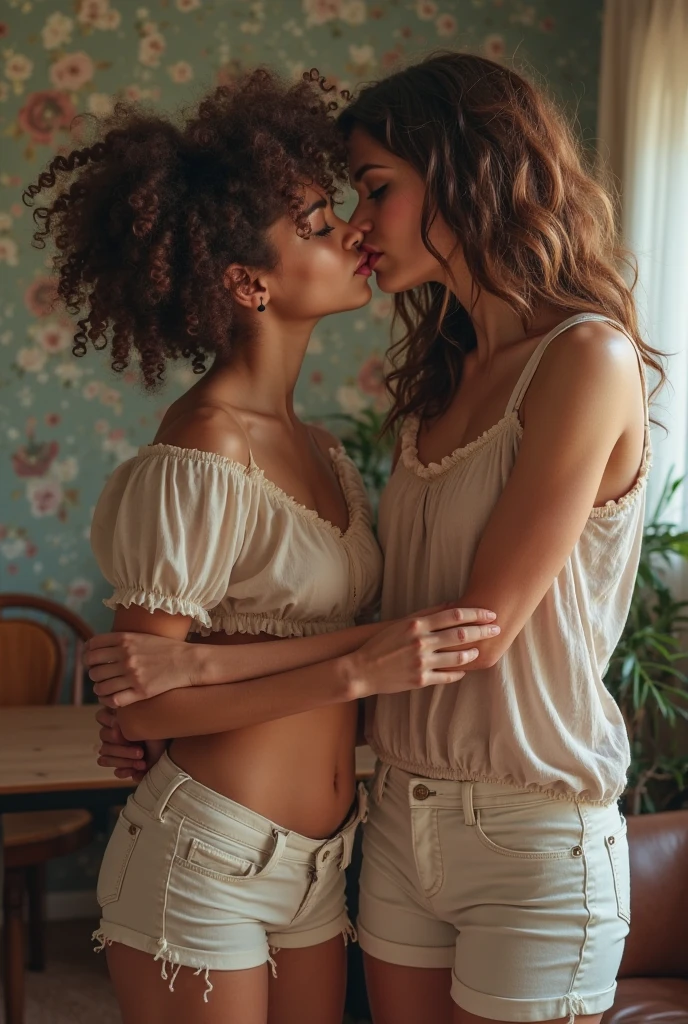 Cozy room, two young girls, they are close friends, one of them is sitting on a chair reading a book, she is wearing jeans and a short T-shirt. Another pink-haired girl crouched in front of her legs, wearing a lace bra, gently stroking the crotch of the blue-haired girl's pants, revealing a caring smile. The scene is warm
