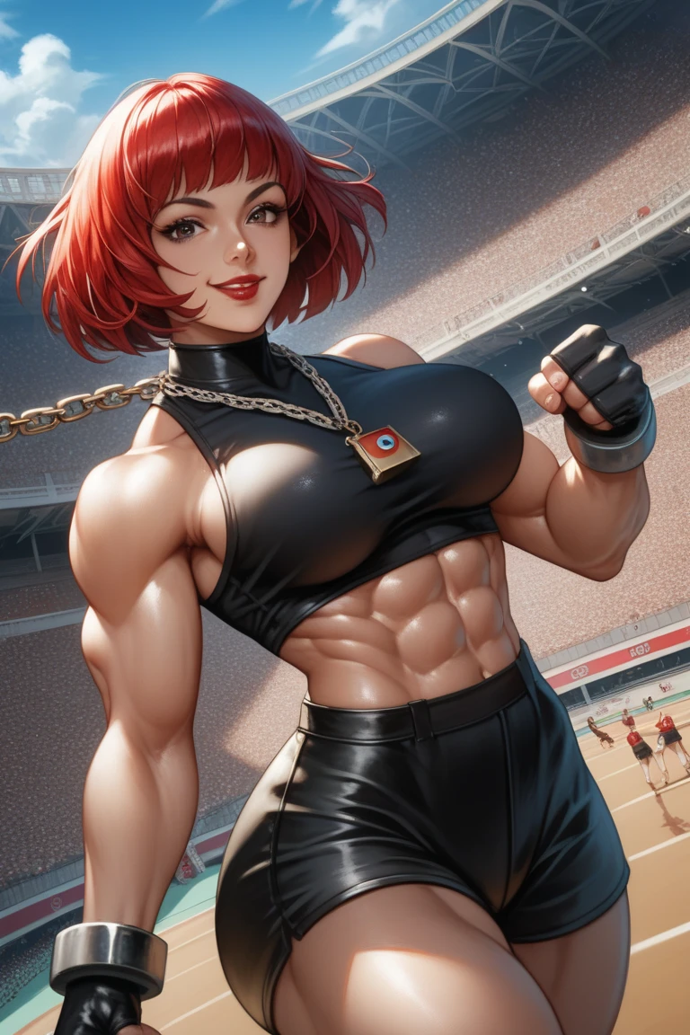 (((((Massive, tall, beautiful, sweating, pale white skinned, buff, muscular asian woman with red hair, black lipstick, ginormous bulky muscles and wearing a red soccer Jersey and sports shorts))))), (close view), massive muscles, massive biceps, hyper muscle shoulders, vascular shoulders, hyper muscle triceps, (long hair), yellow eyes, (wristbands), choker, sneakers, (in a soccer field), closed smile, night, hyper vascular arm, hyper muscles arms, hyper muscle legs, massive arms.