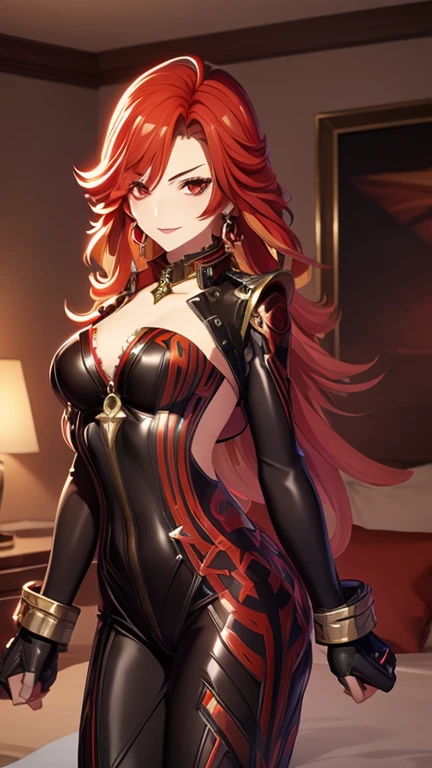 masterpiece, best quality, ultra detailed, watercolor and oil painting fusion, hot black artwork, white line art, beautiful woman, 1 woman, himeko, honkai star rail, beauty, perfect anatomy, perfect eyes, perfect fingers, perfect hands, anime girl, older woman, sexy uniform, thight, breast, red eyes, red hair, seductive smile, room background, seductive, hot, spicy,