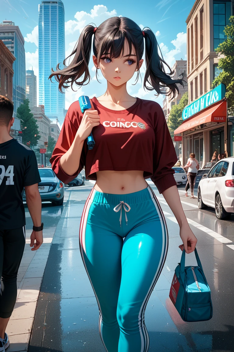 Asian woman stands in a gym outdoors in a bright outfit, Workout clothes, consisting of two parts, fit curvy physique, Wearing Fitness Gear, Fit Pic, Bright, multicolor, Cute sportswear, Cottagecore!! fitness body, taut clothes, full figure, skinny waist and thick hips, Peach and Goma style, sun setting, gorgeous lady, Seductive expression, Multicolored