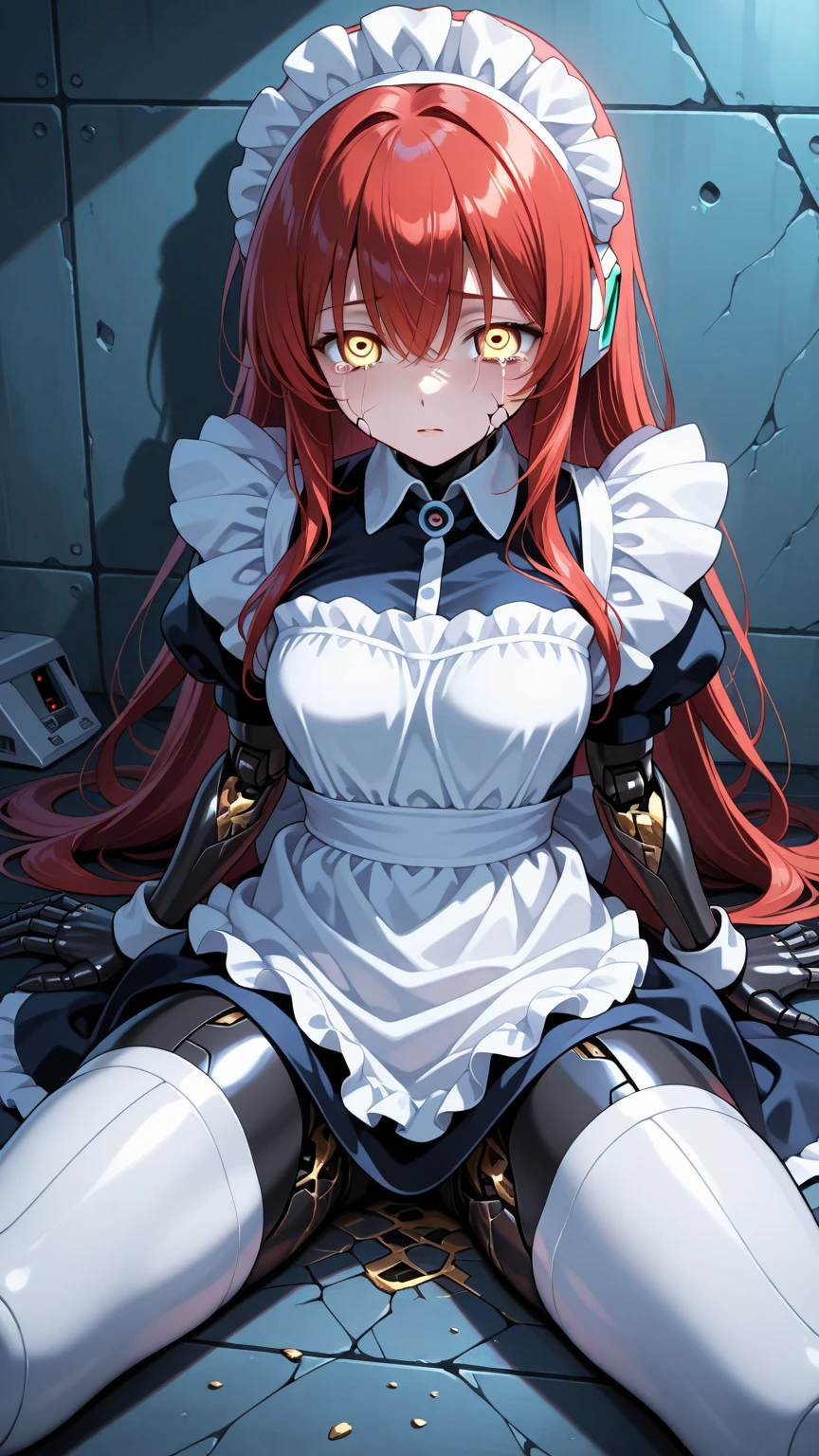 1 girl, solo, close_up, low_angle, Rias Gremory, android, robotic maid, maid_dress, low angle, smug pose, smug expression, large breasts, V-neck, boob window, leg fishnets