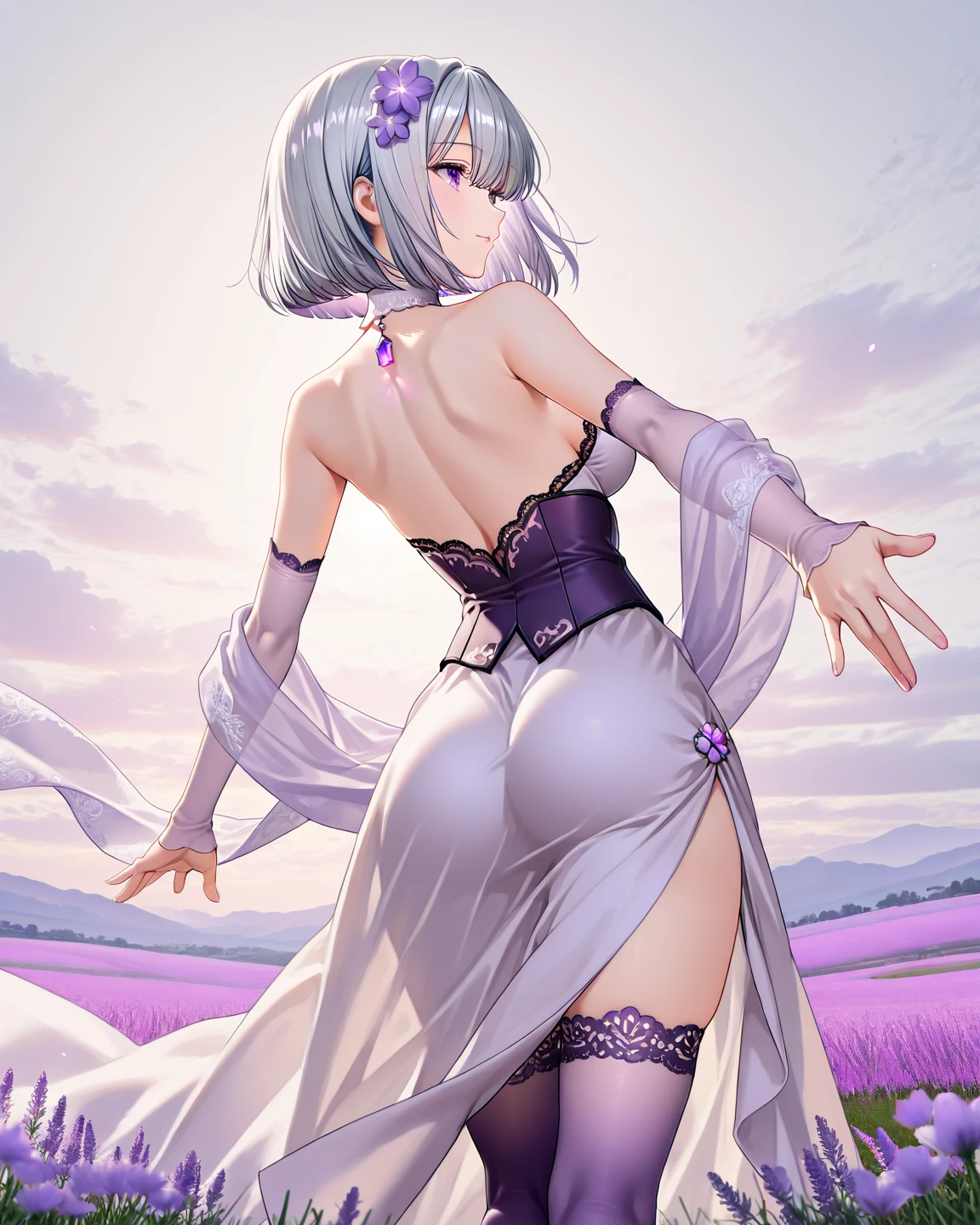White woman, lavender hair blue eyes, long hair, big ass, in flower feild, m.i.l.f