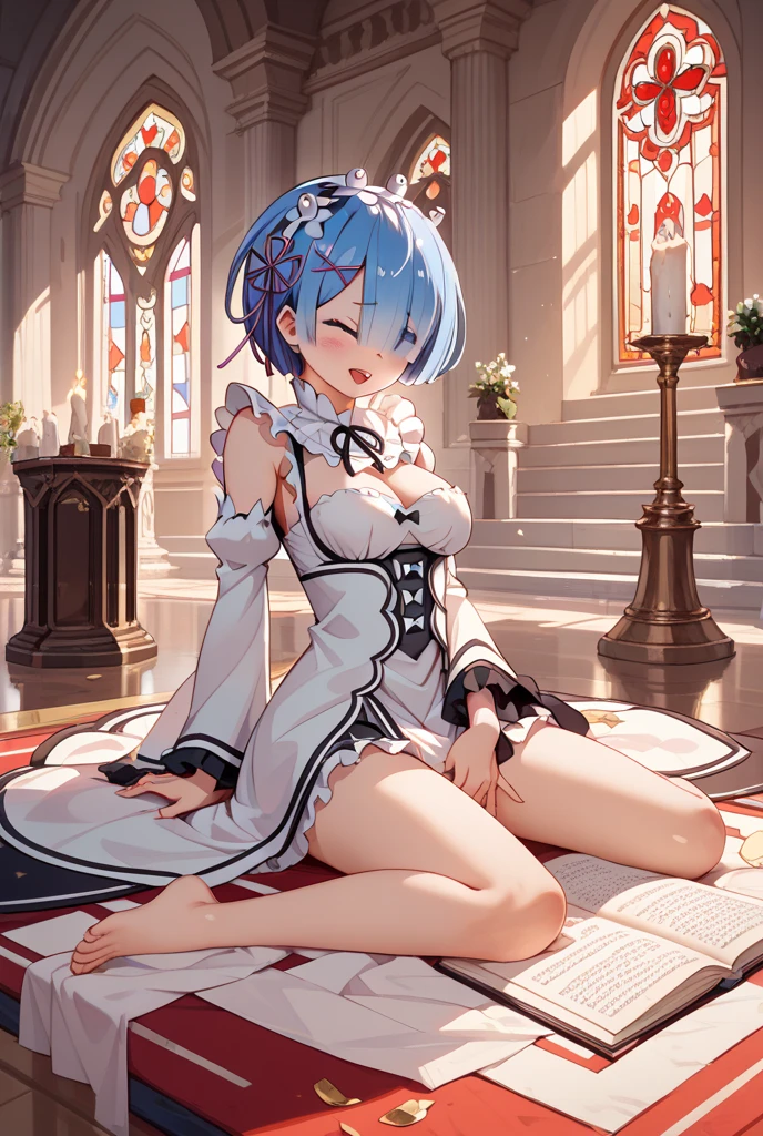 score_9, score_8_up, score_7_up, rem_\(re:zero\)
blue_eyes,hair_over_one_eye,short_hair,blue_hair,hair_ribbon,roswaal_mansion_maid_uniform, 1girl, solo, sitting, crossed legs, from below
Masterpiece, best quality, detailed eyes, perfect face, award winning, hyper-realistic