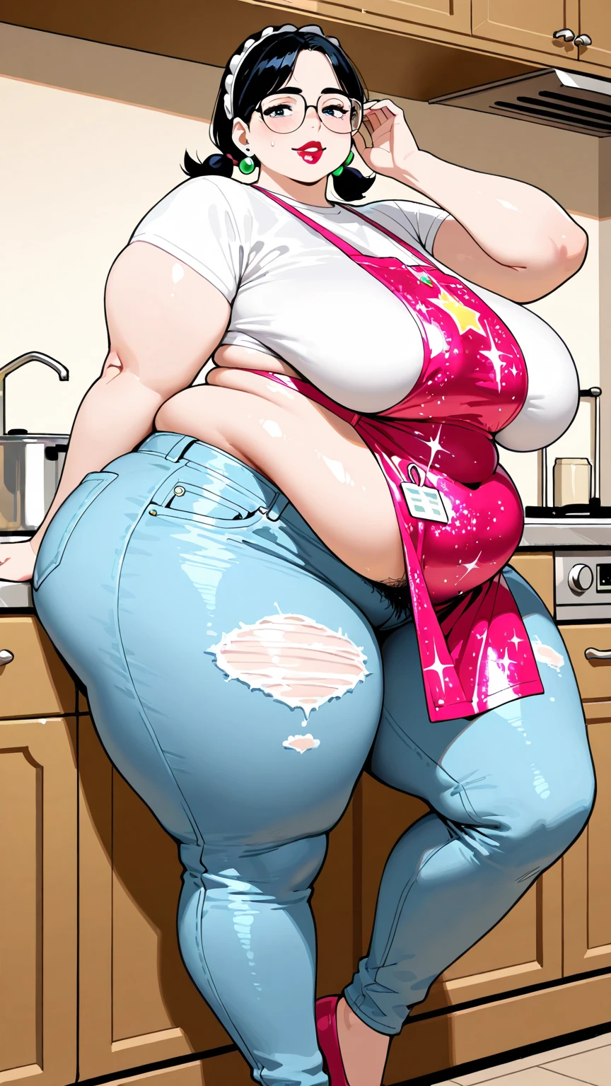 Naked, nude, (naked:1.1)(Morbidly obese:1.0)Back turned, looking back at viewer,cute butt, sad, bedroom, bed, Full body, looking at viewer, 1girl, solo, short pink hair, (purple eyes), tongue out, horny, blushing, bending over, vagina, naked, nsfw