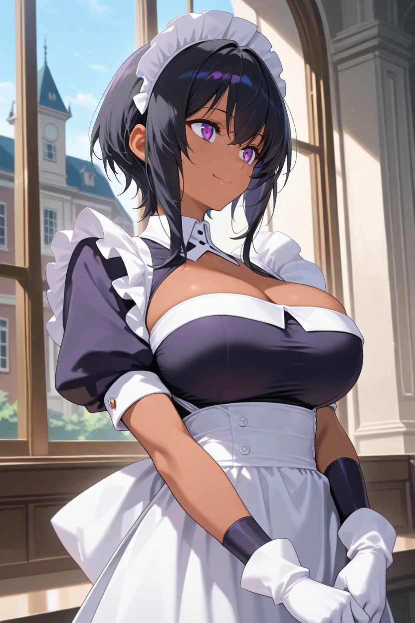 top quality, masterpiece, ultra high definition, (photorealistic: 1.4), raw photo, 1 girl, black fur, shiny and tanned skin , Maid outfit is in the living room of a room her tits are very big very big 