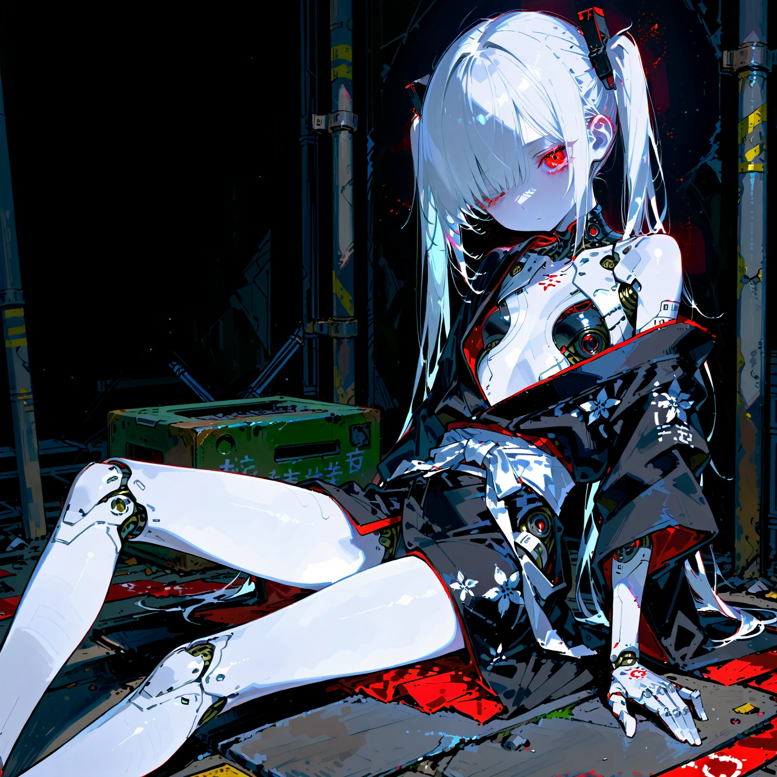 Very delicate and beautiful girl, Show from the hips to the shoulders, from_On top of that, Flat Chest, (Very short hair), Large forehead, Grey Hair, No facial features, (Emotionless eyes:1.3), Broke up_lips, Red eyes, White skin, black_gloves, (Full body bandage), (Mechanical prosthetic arms and legs), Skin Dentition, black Clothes, (Blood vessels connected to tubes), (Mechanical vertebrae attached to the back), (Mechanical cervical spine attached to the neck), (Sitting), Expressionless, (Wires and cables attached to head and body:1.5), Professional Lighting, Highest quality, masterpiece, Super detailed, It captures a very cute moment, Depth of written boundary, Ultra-high resolution, Fine details, 16k wallpaper,