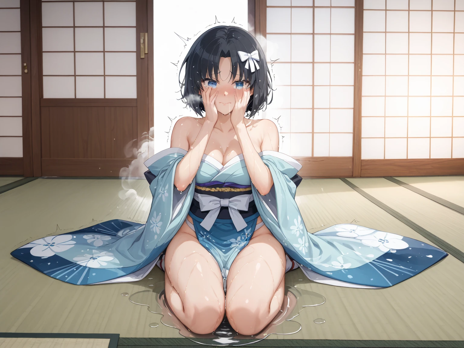 One Girl, alone, Watching,
araragitsukihi, hair ornaments,short hair, Ahoge, Unpack the box,An open-front kimono,No band,Full view of breasts,Blue kimono, egg hair ornaments, Parted bangs,Panties in full view,Sweat,Open the slit,anger,blush, Open your mouth,((Covered in semen))

