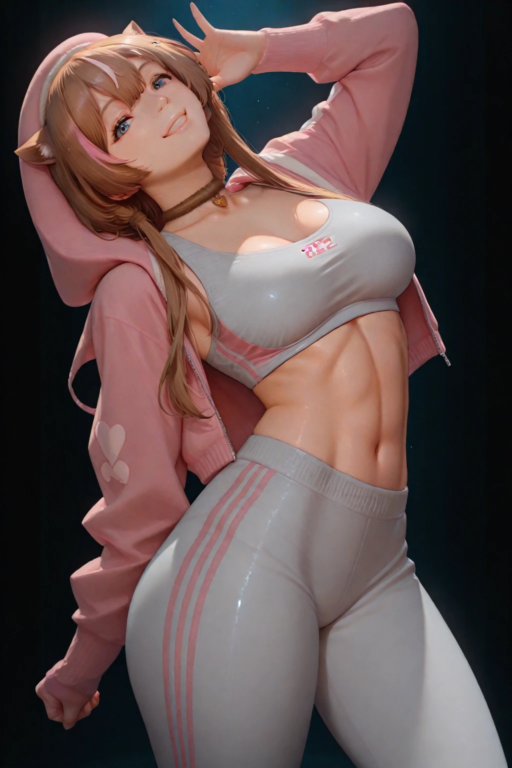 1 girl, uraraka ochako, white background, extremely detailed, bed, full body shot, sweating, wet, blush, spread legs, pink and white clothing, small breasts, smile, exposed stomach, midriff hoodie