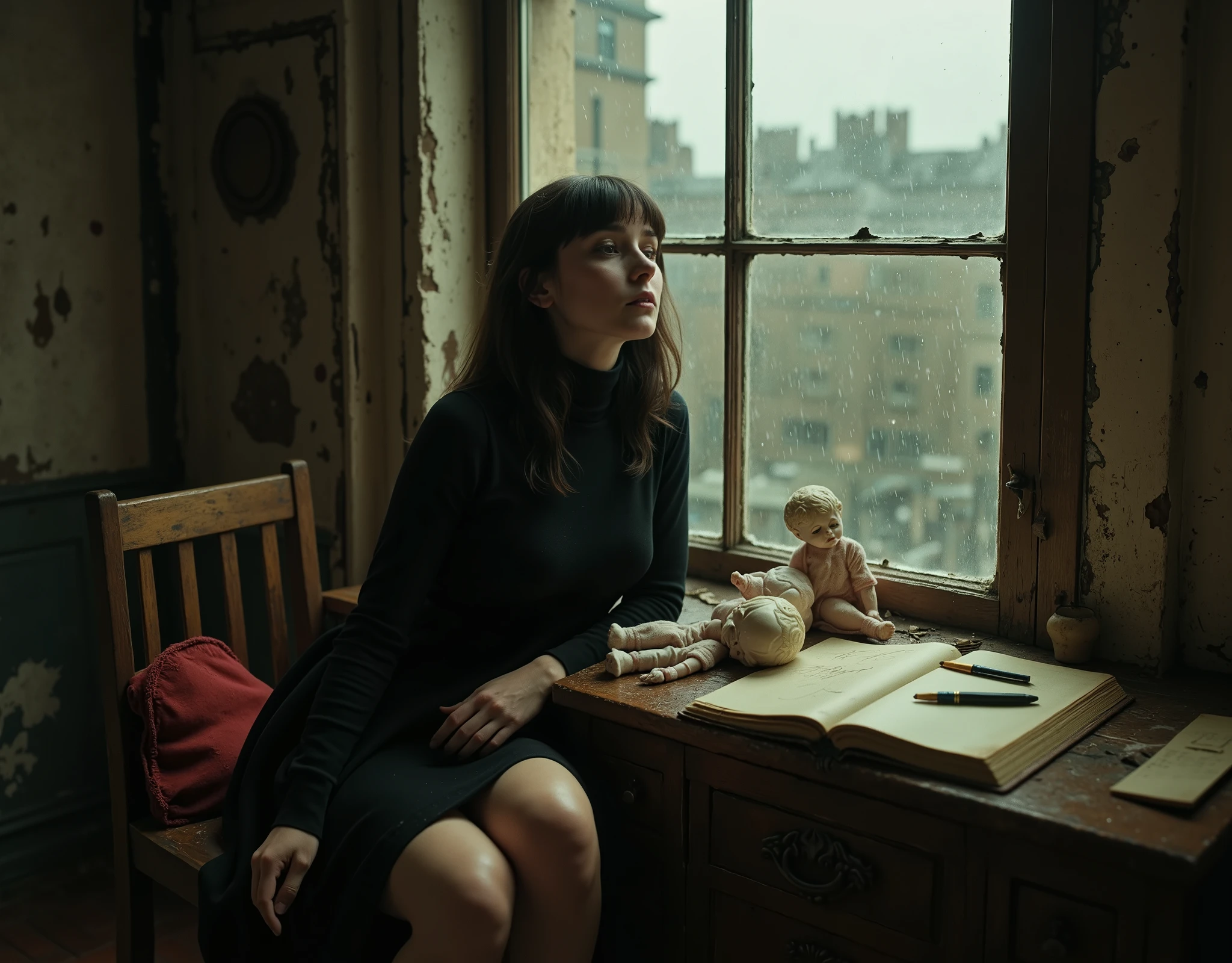 a woman who looks like Audrey Hepburn, she has long black hair and is wearing dark clothes, her skin is white and pale, she is skinny and delicate looking, in a drab shabby flat in old London, looking sadly out the window at the rain and city, she is wearing a black turtle-neck sweater and ripped leotards and black ballerina dress, on the wooden table are some shattered and cracked porcelain dolls, wearing doll dresses, the large type of doll made in Eastern Europe, as well as an open journal and some ink pens, she bends over the table and touches a doll, volumetric lighting, classic horror comic aesthetic, muted colors, high-contrast, sepia tones, chiaroscuro lighting, grainy texture, low-key lighting, deep shadows, retro mise-en-scène, noir palette, Giallo vibrancy, smoky ambiance, cinematic composition, detailed, intricate, medium contrast, murky red and green back lighting, volumetric lighting, Frazetta, James Bama, Jim Steranko, Bernie Wrightson, lurid and vivid, NSFW, perfect anatomy, masterpiece, HD, 8x, "anatomically correct human" "realistic proportions" "natural human pose" "full figure, accurate anatomy" "correct fingers and joints" 1970s Giallo cinema, moody lighting, chiaroscuro, Italian pulp comic color palette, saturated reds and greens, film grain, foggy lens, dramatic shadows, unnatural angles, the edges of image are old and torn and stained,