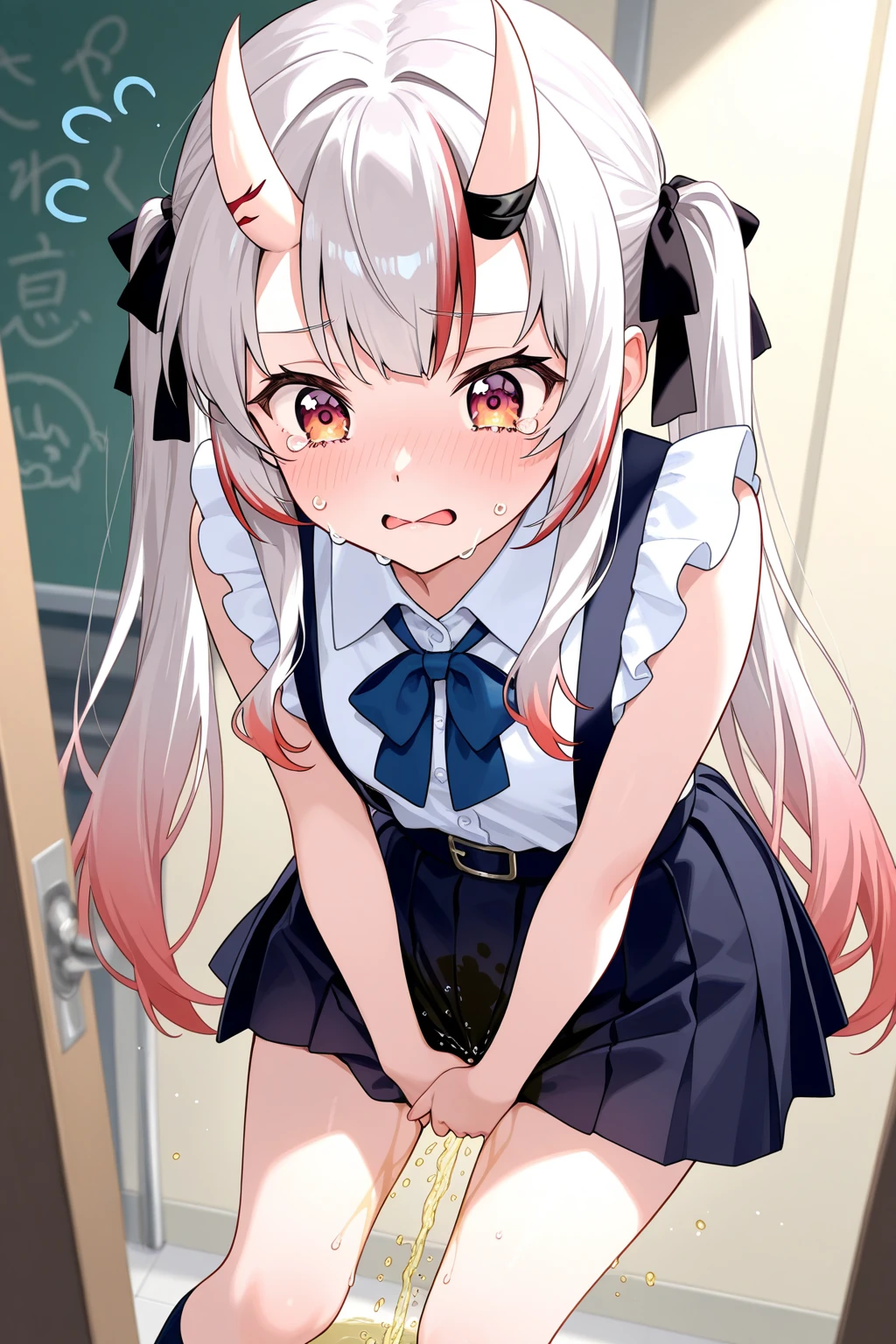 Young girl with grey hair, ((fringed and curly hair)),((curly short twintail)), curly hair ,(red eyes),, ((small bushy eyebrows)), wearing gothic lolita clothing, lolicon , to school, bored eyes, bored face (Zankuro) drawing style by zankuro artist, Zancrow style, image uploaded in R34, walking to school, flirty smile , suddenly having sex in public, ((doggy style sex)), ((public sex )) naked ass in the male crotch, old man , ((being raped by a decrepit old man in a dirty alley, (reverse cowgirl position), (riding a well defined penis entering ir her vagina ) bubbling semen)) ((male pov)), ((many people watching her in the background))
