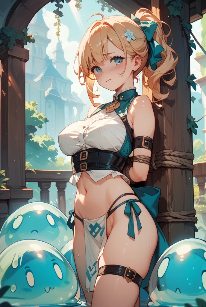 (((masterpiece))), (((best quality))), ((ultra-detailed)), (illustration), ((an extremely delicate and beautiful)), ((super detail)), ((high resolution)), (((20 years old))), metallic cloth, (slime lady), (super heroine), (android), delicate metal decorations, gleaming skin, shiny body, two legs, breast focus, (((tall))), slender legs, ((big round eyes)), cute eyes, drooping eyes, ((adult)), two hands, five fingers, no extra hands, elegant smile, braid, ((metallic blue)), (see-through), (dark blonde), ((ultra-huge breasts)), (shining brightly), outdoor, mini skirt, daytime, ((biopunk)), (hair shorter than shoulder), (medium length hair), gynoid, (bikini), garden, street,