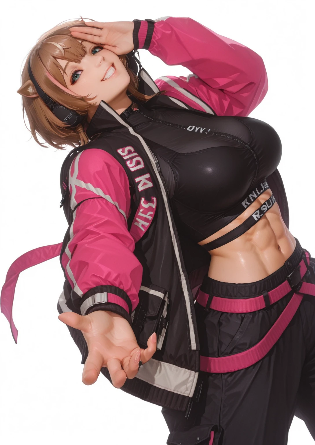 Aerobics Style of the 2000s、sneakers、Detailed picture、girl、25-year-old woman、Dynamic and lively pose、Crotch line、Erect nipples、(Tortoiseshell binding)