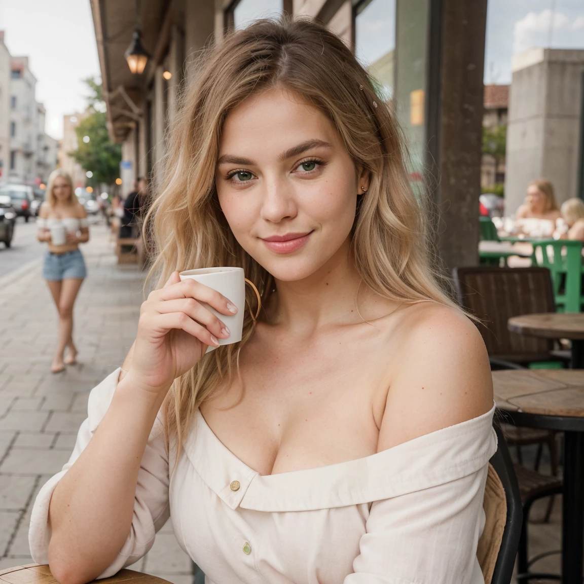 A blonde woman in her 30s with blue eyes is taking a selfie while sitting at a café terrace. She is looking directly at the camera with a friendly and natural expression. She has long, straight hair and is dressed in stylish, appropriate attire for the occasion, featuring light-colored clothing in white and cream shades. She is sitting at a table with a cup of coffee in front of her. The background shows a charming café terrace with tables, chairs, and a bustling, well-lit outdoor setting. The image should capture a modern, everyday moment with an ultra-realistic and high-quality look. Everything in the image, including the woman, her expression, and the setting, should be as detailed and realistic as possible, with natural lighting illuminating the scene. The facial details should be extremely lifelike, with intricate textures. The eyes should be particularly complex and realistic, showcasing intricate details in texture, hair, glistening effects, and vibrant color. All textures in the image should be enhanced to an ultra-realistic level. Additionally, add a film grain effect (Downtown) to the image to give it a cinematic quality. The image should have the crystal clear quality of a Fujifilm XT3 photograph, with the beautiful face and full body framed at the center. The woman's body should have slightly more generous curves, enhancing her natural figure in a tasteful and realistic manner, with no nudity. Everything should be the highest possible quality with the most realistic details