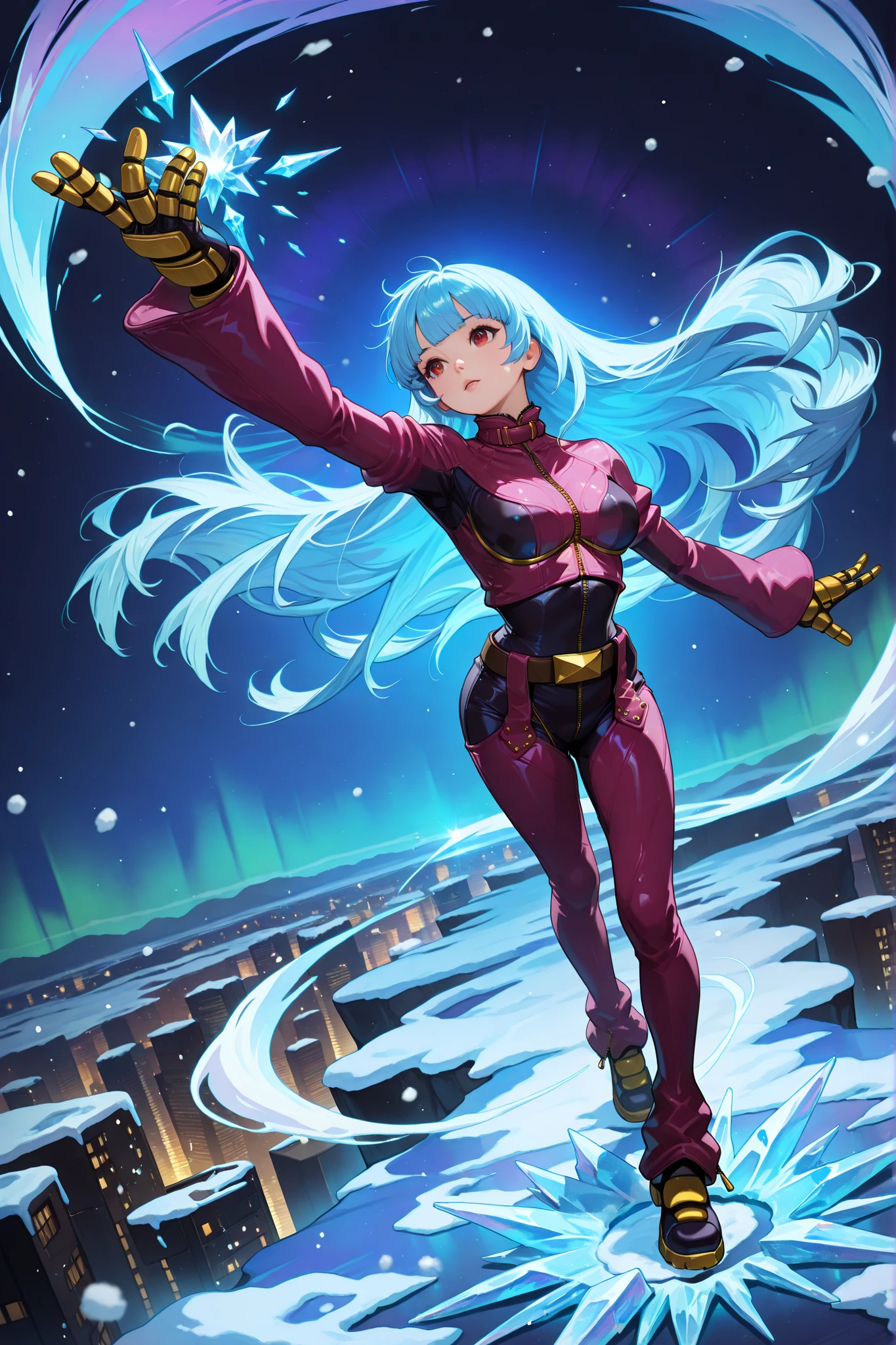 handfixer,screencap, kula diamond, red eyes, blue hair, blunt bangs, long hair,armored gloves, chaps, zipper, belt, cropped jacket, leather jacket, pink jacket, pink bodysuit, multicolored jacket, multicolored bodysuit,Diamond Kula from The King of Fighters, floating gracefully in the night sky above a futuristic city, surrounded by shimmering ice particles and swirling snow magic, her hair flowing in the wind, dark night, flashing lights, casting a powerful ice spell with one hand raised, her other arm extended, beautiful aurora borealis lighting up the deep blue sky, magical atmosphere filled with blue sparkles and cold mist, strong dynamic lighting, snow and frost trails swirling around her, highly detailed anime style, cinematic composition, ethereal lighting, realistic fabric textures, focus on elegance and power, full body, dramatic perspective, cinematic lighting, volumetric lighting, dynamic lighting, the ground is ice, lights on the ground, perfect anatomy, perfect hands, beautiful face.