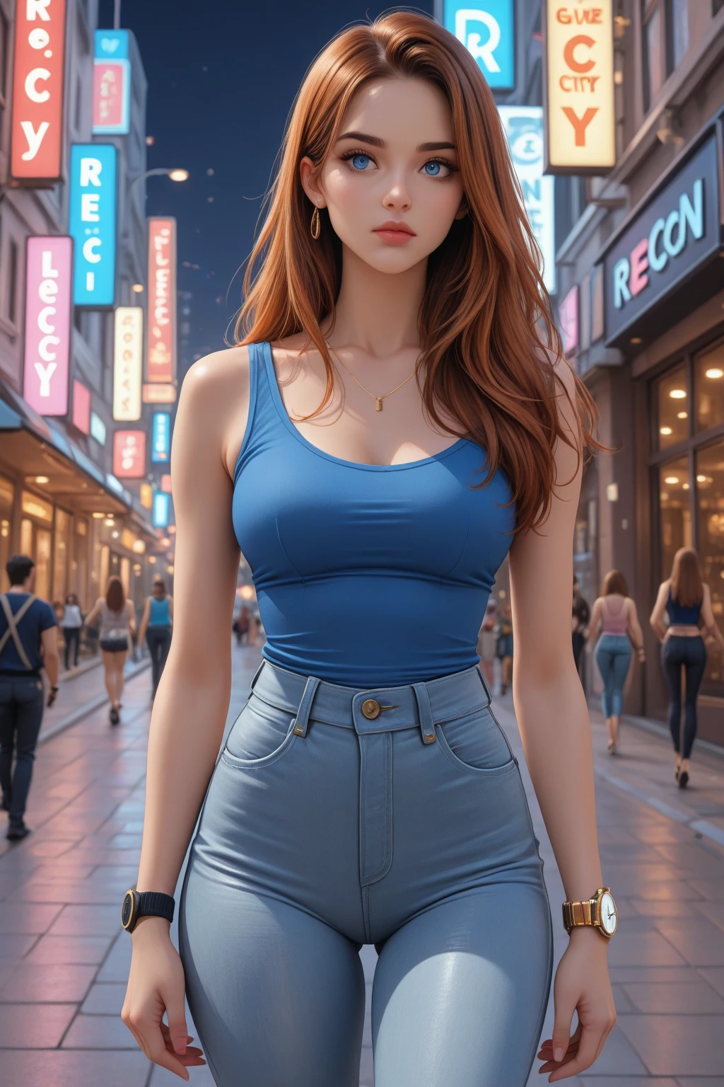 Cute girl, age 18, redhead, wearing a tight red top with a cutout, cleavage, blue jeans, going about her day, doing various daily activity like eating meals, going to class, going shopping, watching tv, sfw