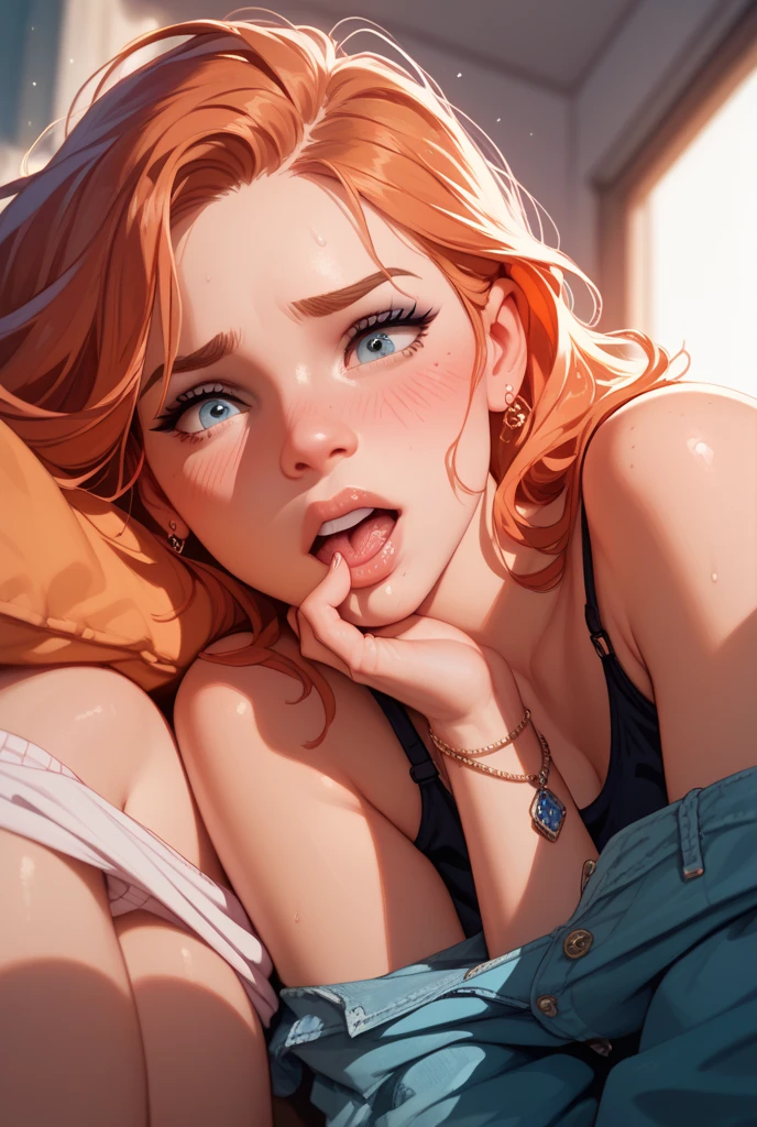 A young redhead woman lying on a bed wearing a pink shirt with white words "Touch me". (She points with her index finger at her shorts:1.5). She lies on her side. Full body shot, top view, jeans shorts. Bare legs. Visible bare feet. Colored sheets.