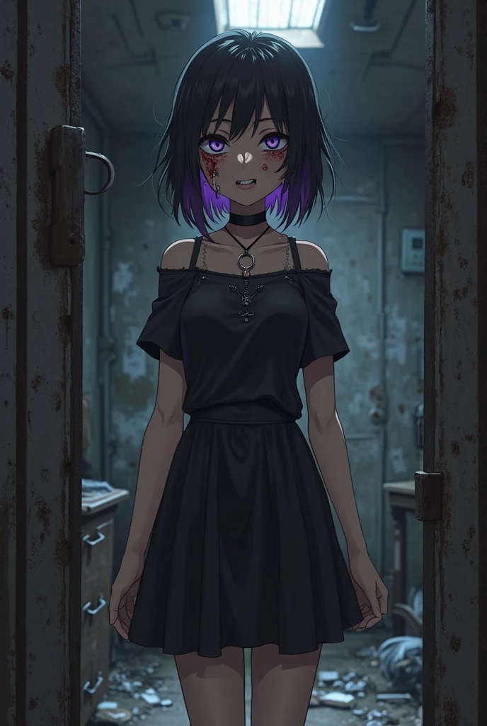 Young girl with short blue hair and blue eyes, Wearing tattered clothes and chains, Trapped in a dungeon cell, Surrounded by mysterious forests.