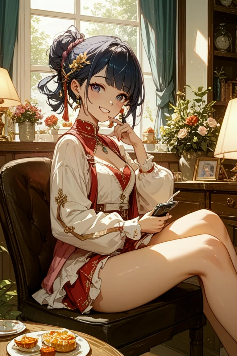 (masterpiece),(best quality),highres,highly detailed:0.9,an extremely delicate and beautiful,Tyndall effect,
1 girl,mature,solo,[tiny:medium:0.7] breasts,(madder red hair:1.2),(wavy hair ends),(short hair:1.2),beautiful red eyes,ruby textured pupils,(smiley and round eyes),
head_tilt,(crossed_legs),smug,(sitting_on_table),
chinese clothes,(Hands on legs:1.2),chinese robe,hanfu,white long clothes,earrings,hair flower,hair ornament,bracelet,tassel,beads,dress,blue dress,silk shawl,red ribbon,Wide long sleeves,wide sleeves,long sleeves,ribbon,hair ribbon,((black silk pantyhose)),jewelry,
ink,lattice,table,plant,paper,bamboo,silk scroll,branch,potted plant,window,round window,leaf,indoors,chair,vase,windowsill,blue flower,<lora:GoodHands-vanilla:0.6>,Clutter-Home,<lora:more_details:0.6>,<lora:EdobLandscapeAlpha_v1.0:0.3>,EdobLandscapeAlpha,