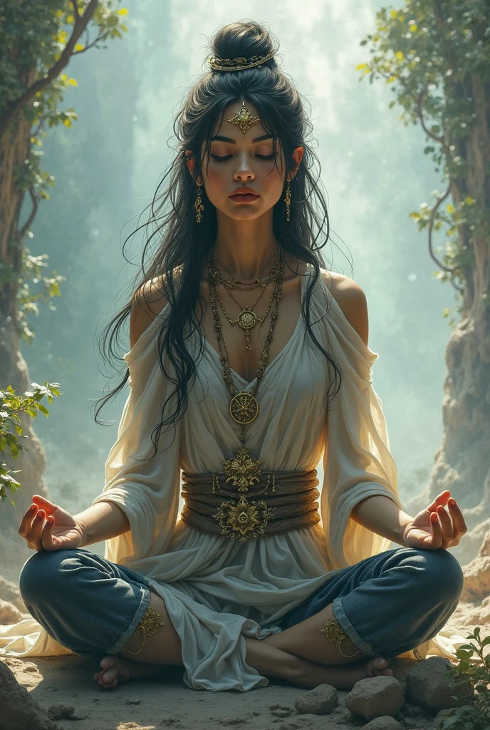 Young tantric priestess woman with tattoos and percings meditating in a photorealistic tantric temple --auto