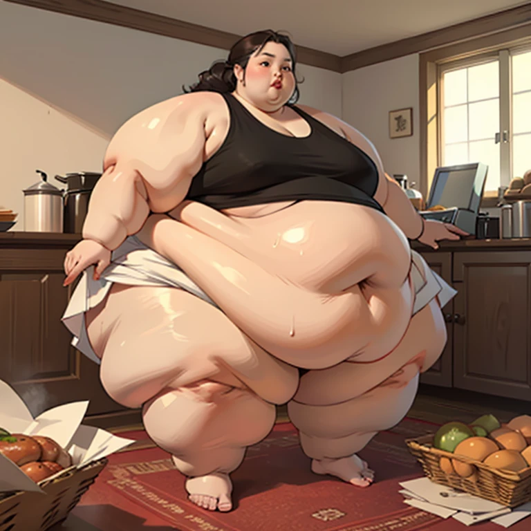 (masterpiece, detailed, realistic:1.3), young asian woman, beautiful, USSBBW, (morbidly obese, fatblob:1.5), nude, (detailed face, beautiful high aesthetic, crying, surrounded by food, basement