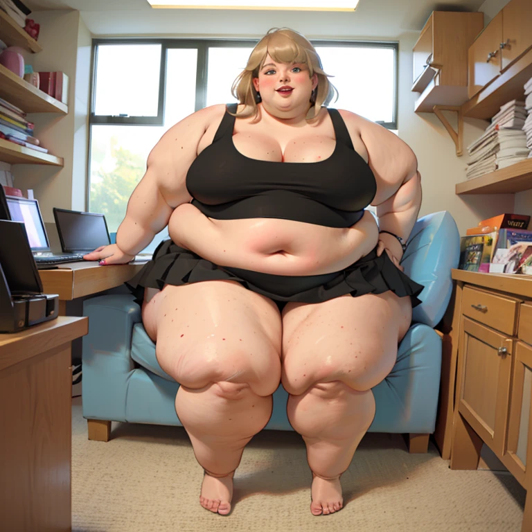 A photo of one: young extemely obese short white western blonde girl with thick rimmed glasses, with a pretty face and extremely fat double chin, wearing a too small white tank top showing the skin of her fat tummy, and bright red leggings, with very wide hips and a very fat lower body, with extremely obese legs, with white skin, with visible realistically drawn stretch marks on her tummy, lifelike fat tummy with fat rolls, non-swolen tummy, hips bigger than her waist, sitting in an extra wide office chair, indulgently eating donuts at her office desk