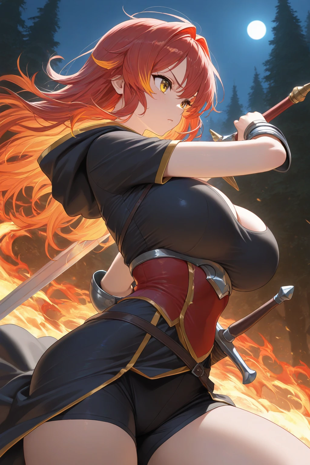 highest quality, Super detailed, (ultra high resolution,8K), Ultra-high definition 4K, (perfect anatomy, anatomically accurate), (One woman with big breasts has sexy charm), (Paladin), (Beautiful armor of flame that covers the whole body:1.6), (sharp look), ((flaming cloak)), (surrounded by detailed flames:1.5), silver hair, (ponytail), (dynamic composition), high definition beauty face, (Beautiful blue eyes like sapphires), (open your mouth), photorealistic, shiny skin, (fine-textured skin,hair ), By the pond, water lily, moss, Crystal clear and clean water, (((midnight, dark))), (Decisive pose:1.3), (Hold a detailed beautiful sword), fire,floating,flame,magic,glowing, shinkai makoto
