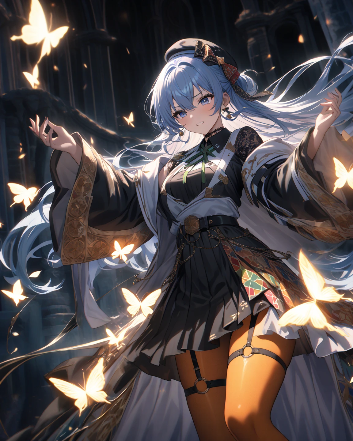 Anime girl, two-dimensional, blue eyes, long white hair, shy eyes, a pair of dragon horns on her head